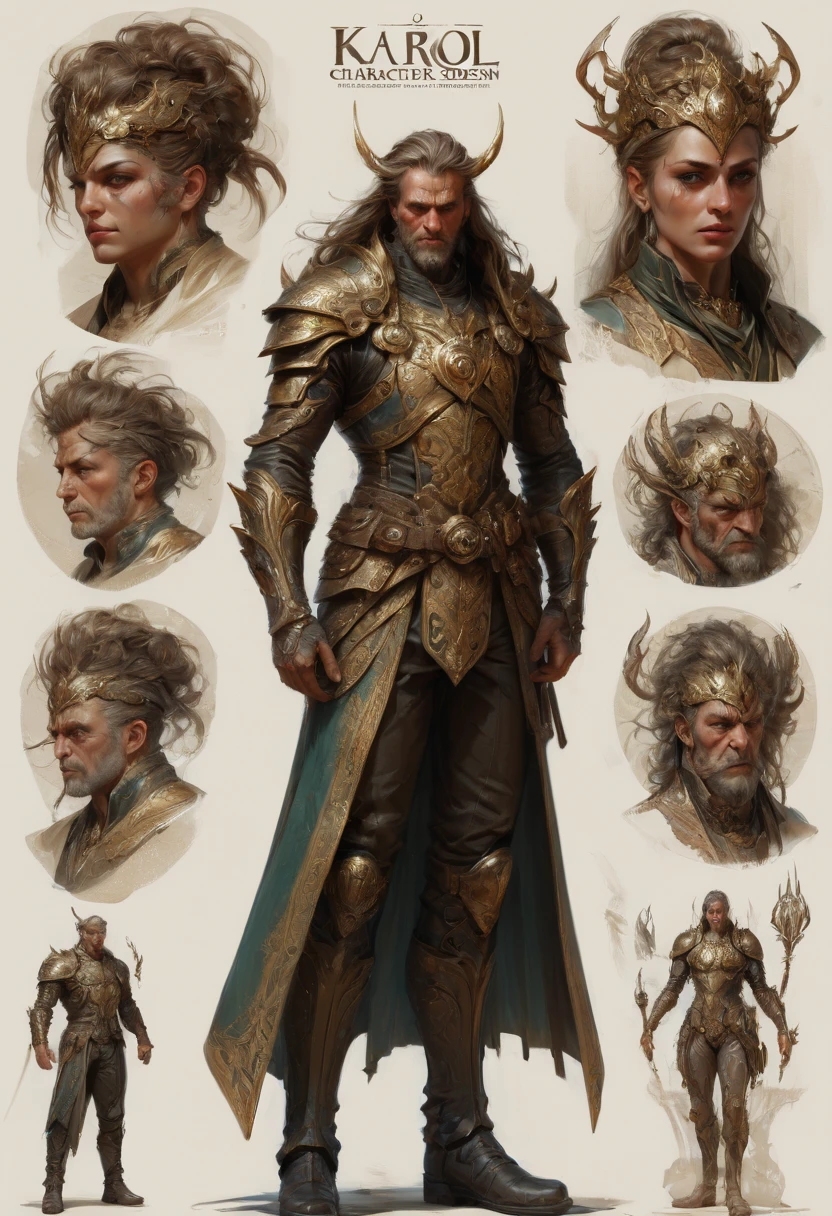 character design sheet by Karol_Bak, best quality, masterpiece, Representative work, official art, Professional, Ultra intricate detailed, 8k