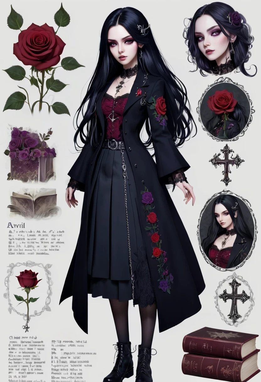 Gothic character design sheet，Character name:Avril Lavigne.dark night，18 years old，long black hair，purple eyes，Red or dark purple lace、Embroidery and other decorations。She was wearing a long black coat and a tight skirt，Show elegant and mysterious temperament。Wearing a silver cross、chain etc..，old magic book，Romantic roses，