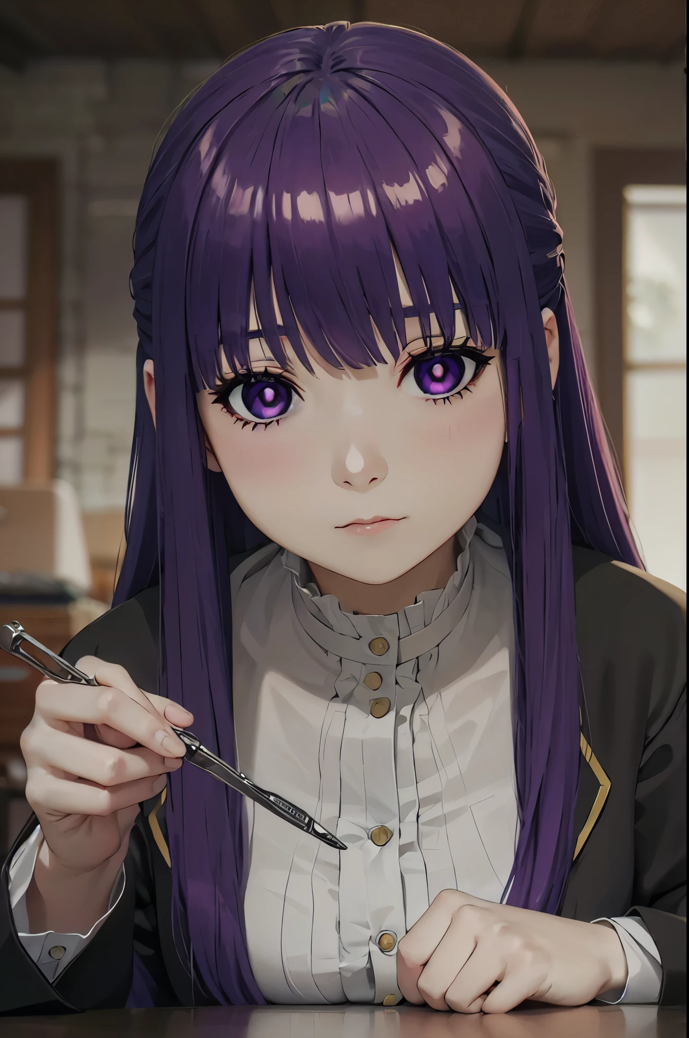 Fern, A girl wearing a purple and Green school uniform. She has purple hair and brown eyes, blushing, hentai