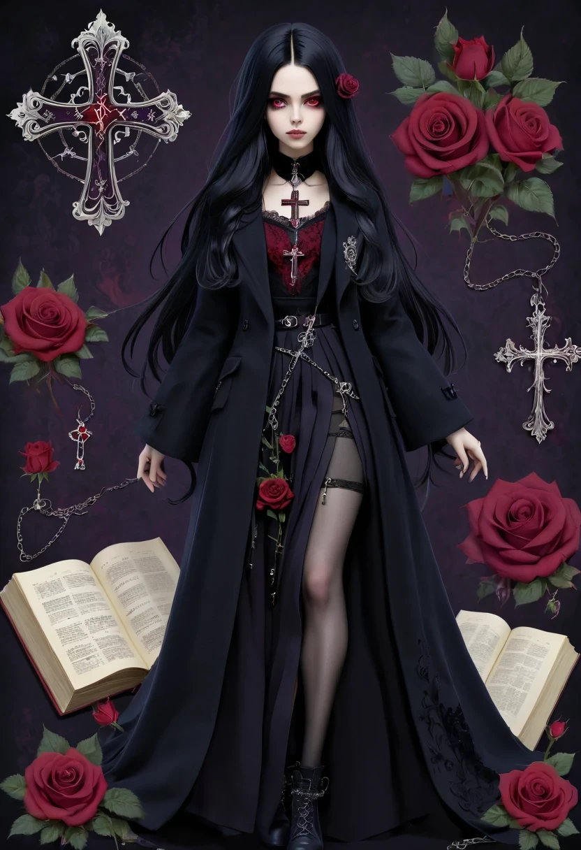 Gothic character design sheet，Character name:Avril Lavigne.dark night，18 years old，long black hair，purple eyes，Red or dark purple lace、Embroidery and other decorations。She was wearing a long black coat and a tight skirt，Show elegant and mysterious temperament。Wearing a silver cross、chain etc..，old magic book，Romantic roses，