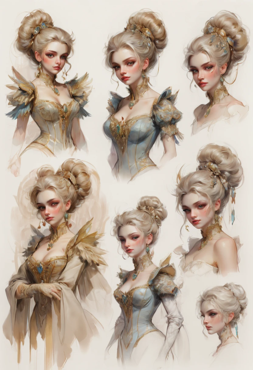character design sheet by Karol_Bak, best quality, masterpiece, Representative work, official art, Professional, Ultra intricate detailed, 8k