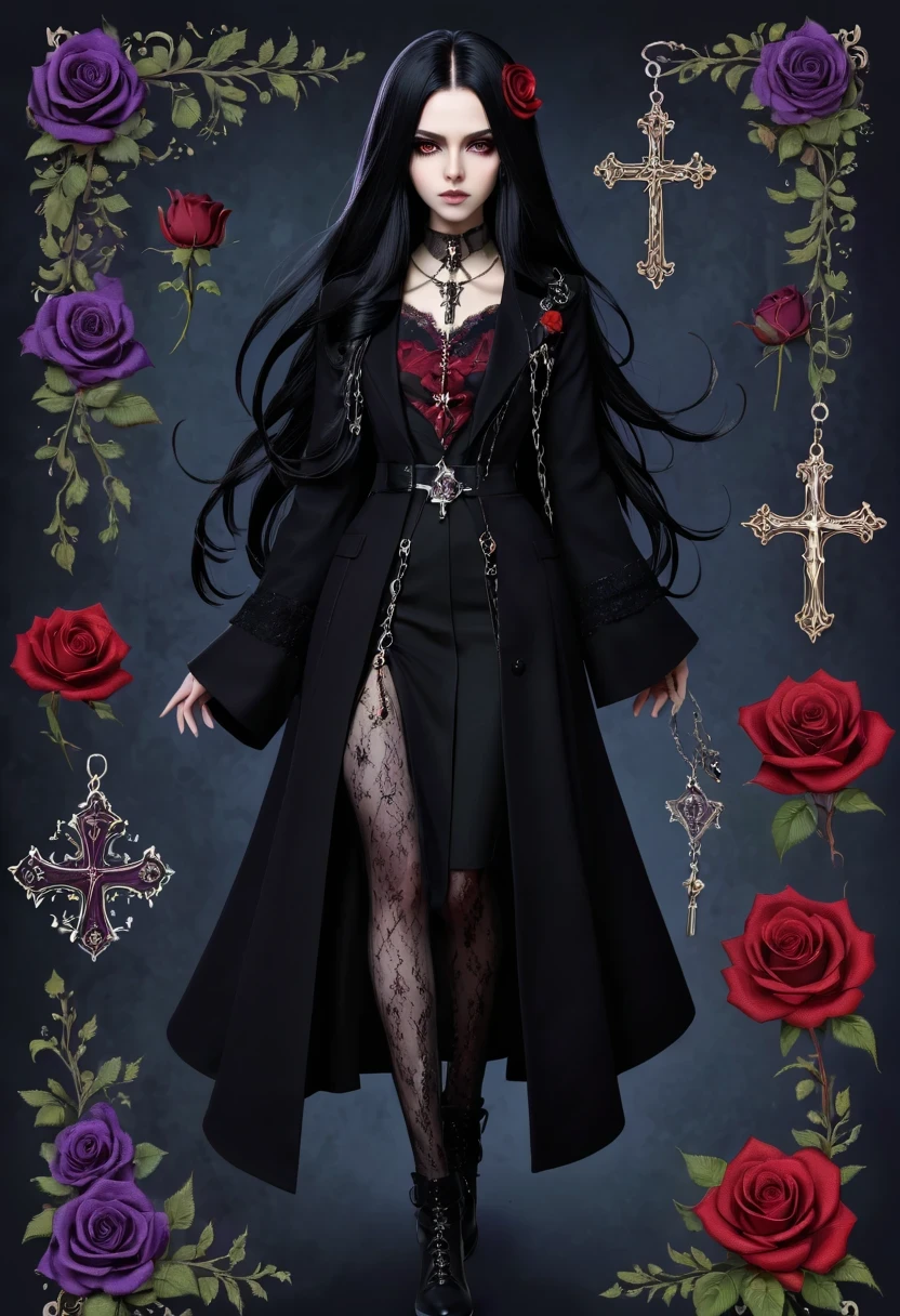 Gothic character design sheet,Character name:Avril Lavigne.dark night,18 years old,long black hair,purple eyes,Red or dark purple lace、Embroidery and other decorations。She was wearing a long black coat and a tight skirt,Show elegant and mysterious temperament。Wearing a silver cross、chain etc..,old magic book,Romantic roses,