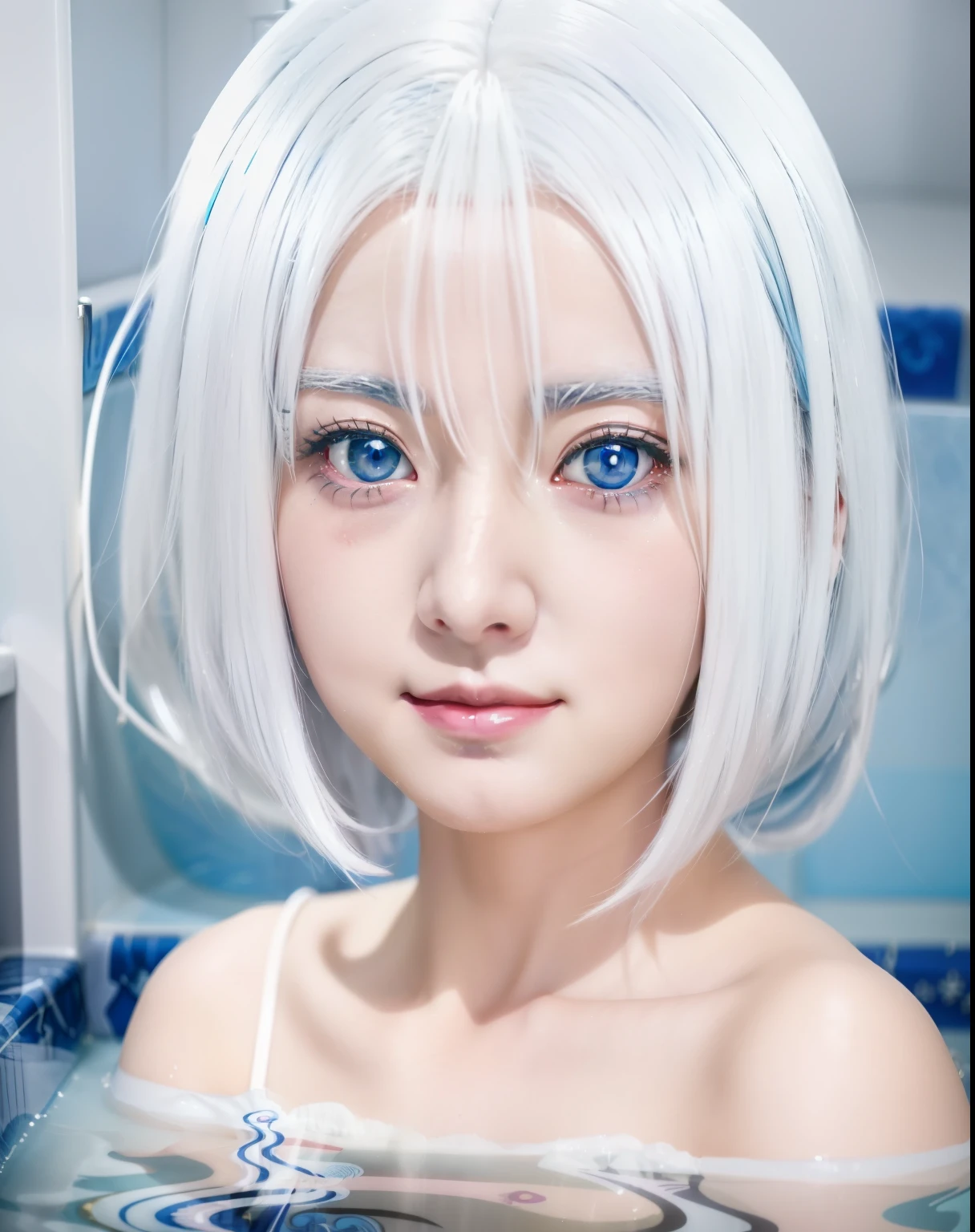 anime girl with white hair and blue eyes in a bathtub, anime visual of a cute girl, she has a cute expressive face, today's featured anime still, white haired deity, anime visual of a young woman, anime girl named lucy, still from tv anime, roguish smirk, anime best girl, anime character, nyaruko-san, realistic