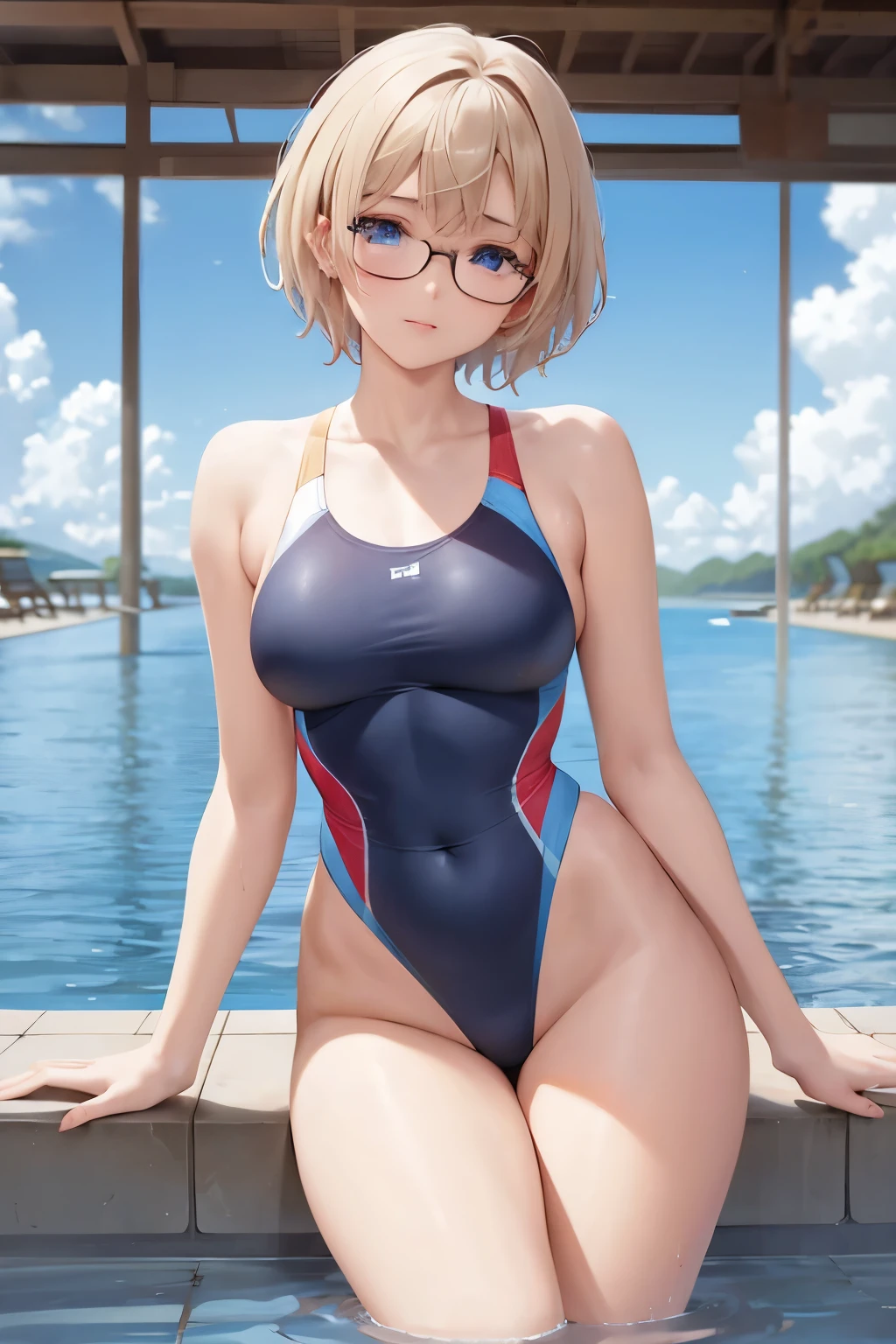 Girl in competitive swimsuit、whole body、bath、blonde、short cut hair、blue eyes、red glasses、lure