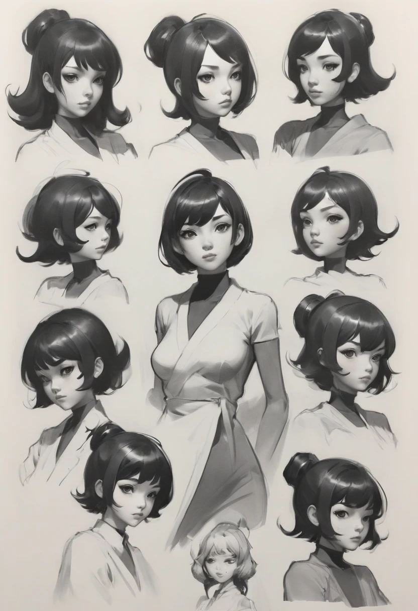 character design sheet by Karol_Bak, best quality, masterpiece, Representative work, official art, Professional, Ultra intricate detailed, 8k