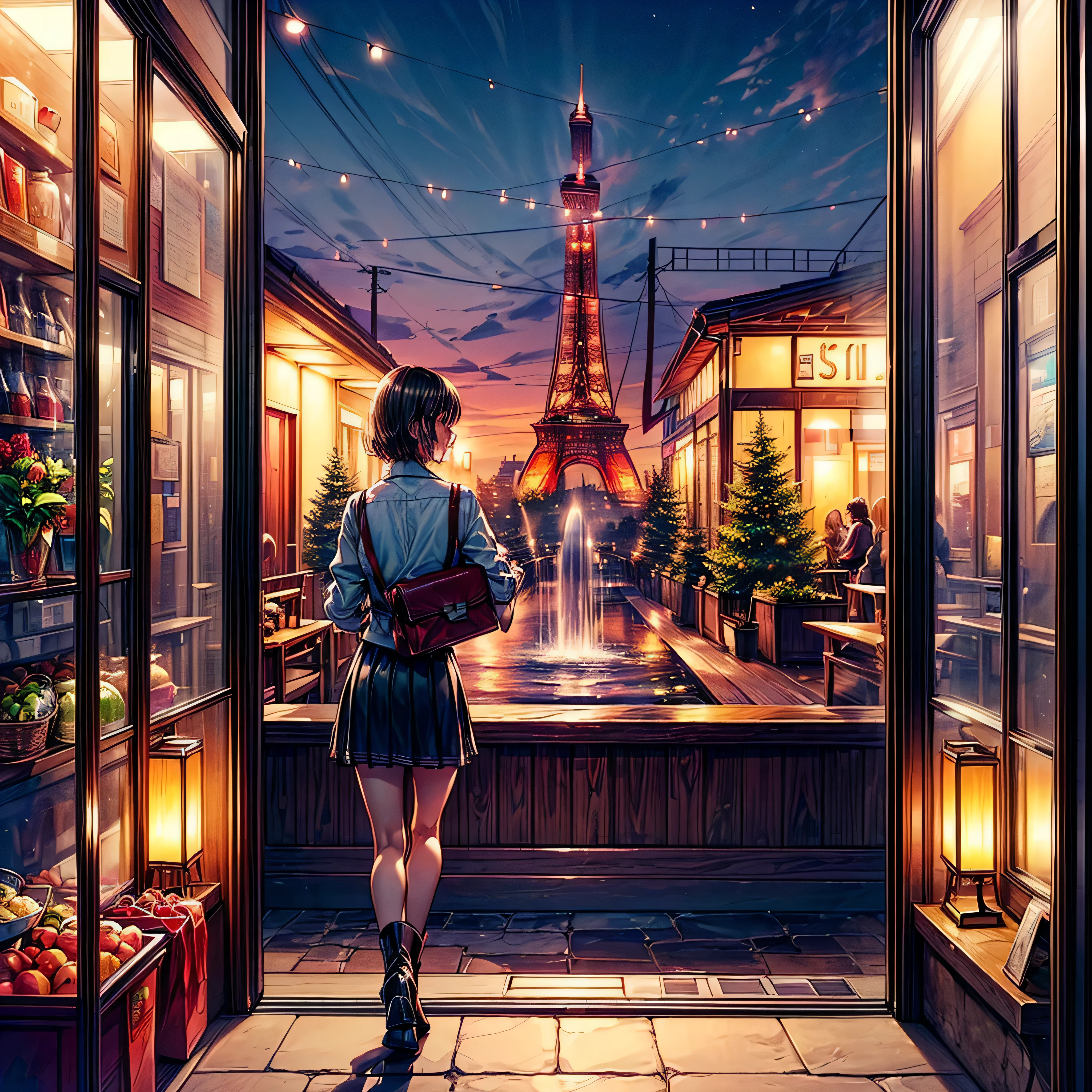 (epic Masterpiece, ultra highest quality, ulra highest resolution, ulra high-definition, distinct_image, very elaborate CG, cinematic lighting, ray tracing, drop shadows, detailed detail, (photorealistic: 1.4), ultra high quality textures, fine-grained, realistic face expression): (lone girl, face is Japan, brown short hair, small size breasts, sparkling eyes, Eye level shot, happy smile, beauty, slim body, holiday, own room, console game, computer, display, keyboard, mouse, long leather skirt, collared shirt, leather vest, handgun holder, carrying leather bag on your back, long boots, antique radio, coffee, model train, bookshelf, spacious yellowchair, Pots, fans, paintings, stuffed animals, ties, notebooks, stationery, vases, photo frames, letters, fountain pens, calendars, lamps, cushions, baskets, mirrors reflecting in profile, candles, telephone, fruit, newspapers, sweets, city Eiffel view outside the window), Pendulum clock frog varied multi etc. --v6 --s1000 --c20 --q5 --chaos100