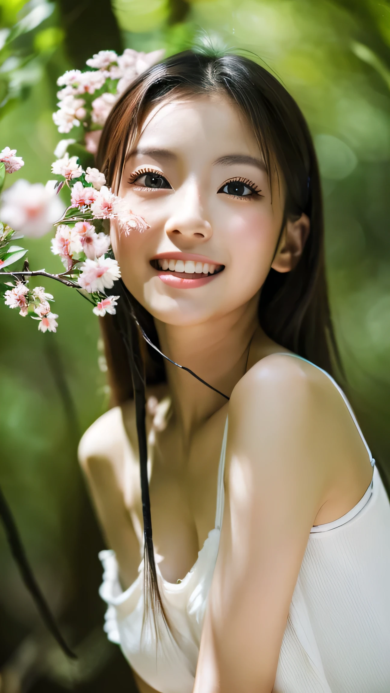 highest resolution、30 year old female、Japanese、sexy、double eyelid、4k、slender body shape、realistic teeth、whole body、high resolution、feminine、minute eyes、beautiful feet、fantastic atmosphere、in the forest