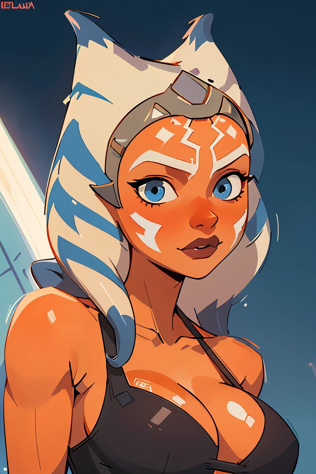 (masterpiece, best quality), 1girl, beautiful face,   ahsoka_tano, orange skin, facial mark, tattoo, cleavage, sexy, big breasts