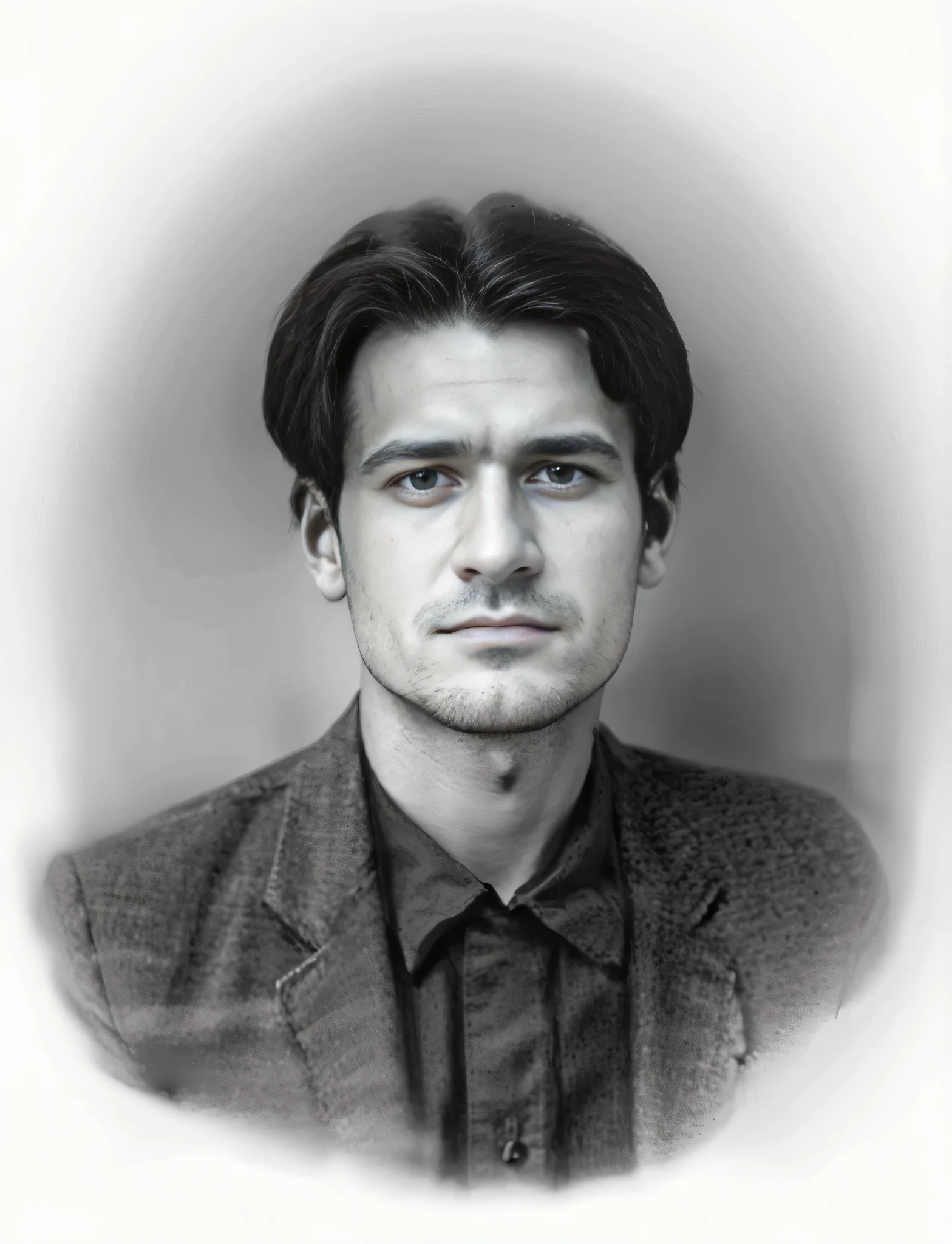 Arafed photo of a man in jacket and shirt looking at camera, por Anna Fussli, Nikolay Georgiev, inspired by Mikoláš Aleš, inspired by Mikhail Evstafiev, inspired by László Dombrovszky, inspirado por Stefan Luchian