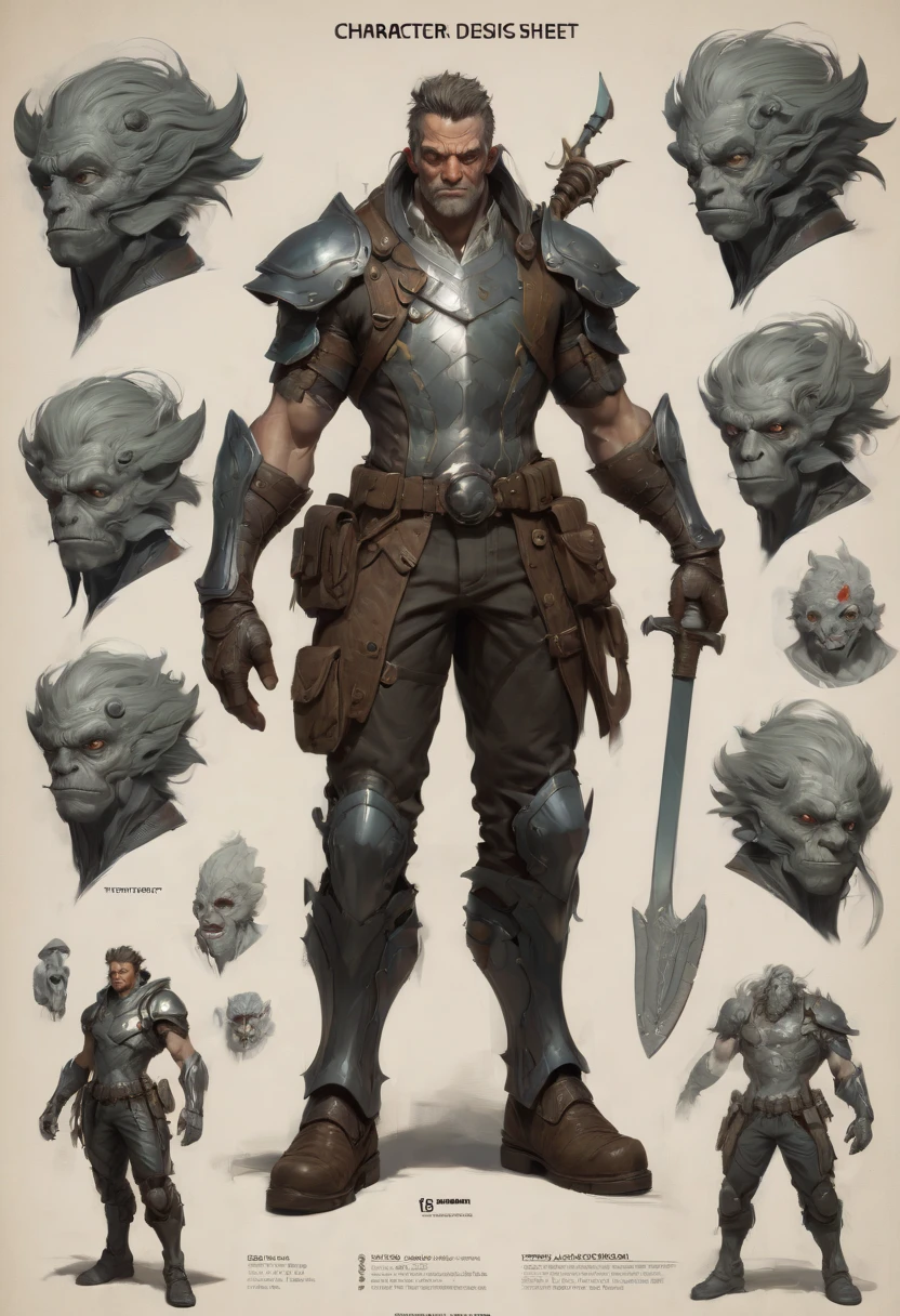 character design sheet by Tim_Blandin, best quality, masterpiece, Representative work, official art, Professional, Ultra intricate detailed, 8k