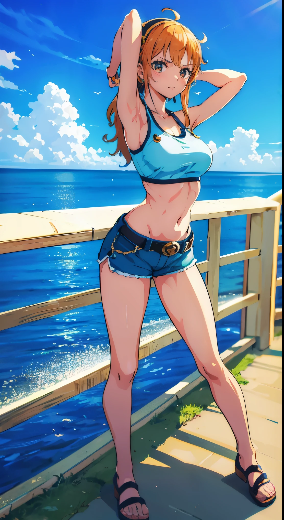 Nami is a character from the anime One Piece, and she is part of the hay hat cast. According to the description I requested, I will try to provide a detailed description of Nami stretching on the ship with three-dimensional technology. (3D):

Nami is a pretty and young ager, Cerca de 18 anos. Ela tem longos cabelos castanhos, grande, Olhos laranja bonitos, white skin and cute facial features..

Nami has a slim and athletic body, where your height is medium height. Has a symmetrical and well-defined body, but maintains a smooth feminine figure.

Enquanto ela se estica no navio, Nami will appear in her traditional clothes. You are wearing a light blue shirt that reaches your knees, e shorts na mesma cor. She also wears a yellow belt around her waist and brown shoes..

Nami is shown stretching her legs and placing her hands behind her head or on a small pillow... Parece calma e relaxada enquanto aprecia o ar fresco e a vista para o mar.

The ship and the seabed can be visualized with three-dimensional graphics, where the details of the waves and clear blue sky can be seen.

I hope you liked the description provided and it can help you imagine Nami stretching on the ship realistically in 3D.