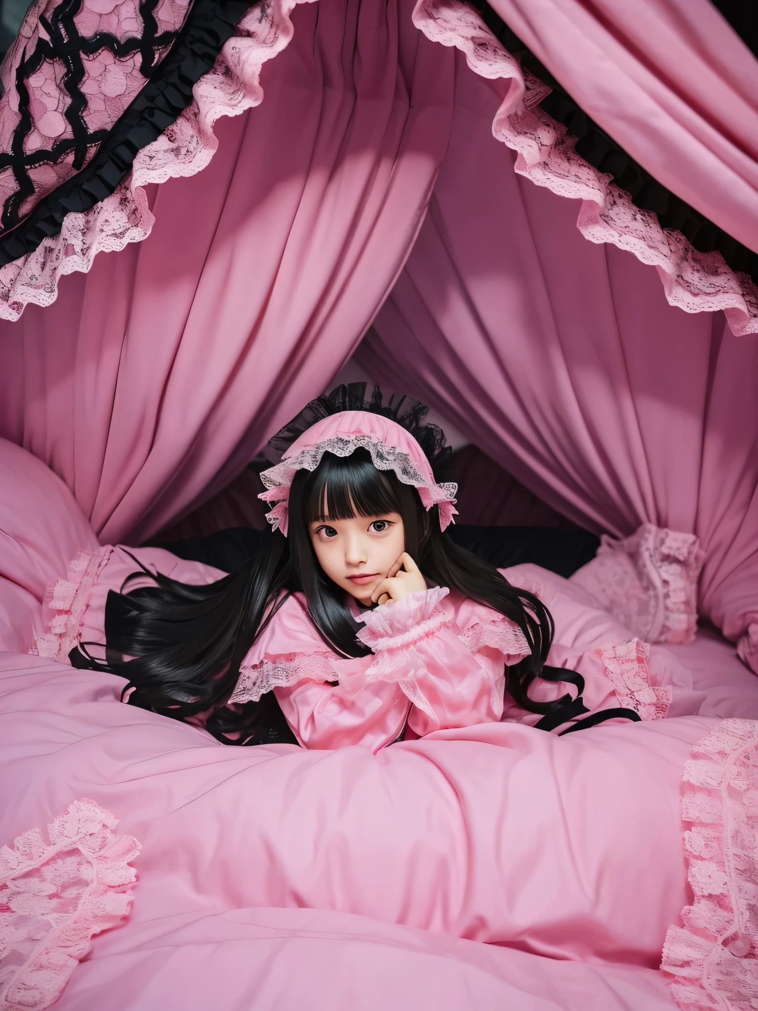 ,highest quality, masterpiece, highest resolution, artwork, super それにget used to it, many get used to it, get used to it, それにget used to it, 3K realistic photos,(( 10 year old girl)),Super detailed baby face,high quality small face,long black hair,Japanese,landmine girl,pajamas,,curly hair,((((ピンクのロリータファッションのlong skirtのワンピースドレス)))),((フリルとリボンがたっぷりついたピンクの可愛らしいpajamas)),((Luxurious pink headdress with frills and ribbons)),((((black ruffles and lace)))),detailed headdress,,(((big yoke collar))),Yoke collar with ruffles and ribbons,((((long sleeve)))),ruffle sleeves,((((long skirt)))),pink and black pillow with large ruffles and ribbons,(((Nice pink outfit))),豪華なcanopy bedの上,canopy bed,The bed is surrounded by luxurious curtains,There are many pink and black frilly pillows on the bed.,Behind the girl are many pink and black frilly pillows...,super detailed background,detailed bed,((((pink duvet with black lace and ruffles)))),soft pink comforter,Highly detailed soft ruffle pillow,Beautiful girl illustration,detailed beautiful face,thin hair,detailed eye ,detailed eyes,detailed mouth, arm details,fine hands,Detailed pillow,wide bed,Illustration on the bed, ,((((round futon)))),((((A large pink futon that covers the entire bed)))),detailed comforter,detailed bedシーツ,Before bedtime,romantic atmosphere,palace bedroom,((((The lower body is hidden under a large futon....)))) The girl is leaning on a pile of pillows, ,((((round futon)))),((((Large pink ruffle comforter with black ruffles and lace covering the entire bed)))),look at me with contempt,Hold your hands,bring both hands close to the mouth,Many frilly pillows piled up behind the girl,A girl leaning on a pile of frilly pillows,