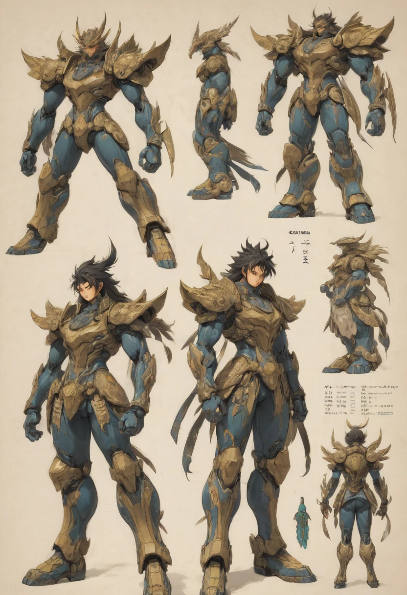 character design sheet by Kurumada Masami, best quality, masterpiece, Representative work, official art, Professional, Ultra intricate detailed, 8k