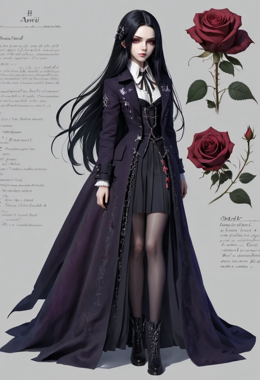 (Gothic character design sheet:1.5),Character name:Avril Lavigne.dark night,18 years old,long black hair,purple eyes,Red or dark purple lace、Embroidery and other decorations。She was wearing a long black coat and a tight skirt,Show elegant and mysterious temperament。Wearing a silver cross、chain etc..,old magic book,Romantic roses,(ordered rows:1.2,interval:1.2,no overlap:1.2),((clear lines,clean background,White background, ultra high definition, masterpiece, precise, anatomically correct, textured skin, super detailed, high detail, best quality, 8k))