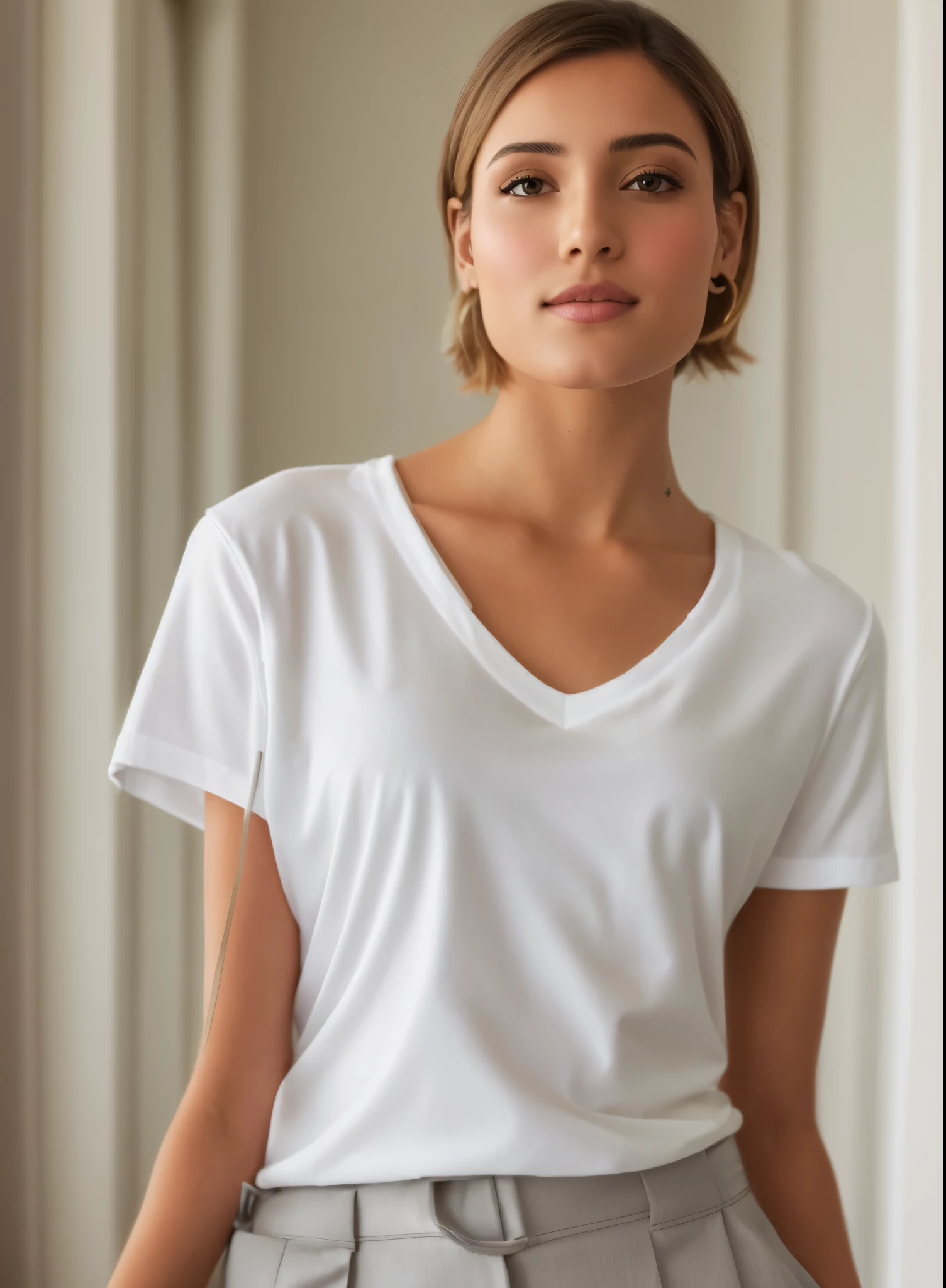 A woman in a white shirt and tan pants posing for a photo, vestido com uma camiseta branca, wearing white v - neck top, Vestida com uma camiseta branca, camiseta branca, roupas brancas, Topo branco, camisa apertada, usando blusa com decote em V, Roupas brancas, vestindo camisa branca, Vestindo uma camisa branca, vestindo uma camisa leve, manga curta