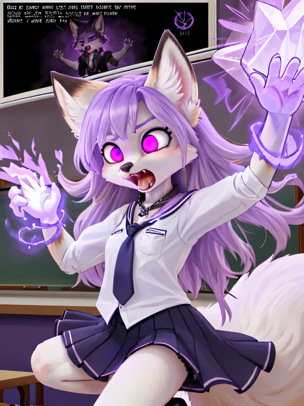  (a young slender white female fox furry), white fur, black fur on ears, huge fluffy lilac fox tail, furry, slender, lilac long hair, hollowing violet eyes, violet octaheadron shaped crystal on necklace, fangs, warlock, school uniform, shouting out loudly,rage, furious,  angry, using magic, in school classroom,shocked crowds
