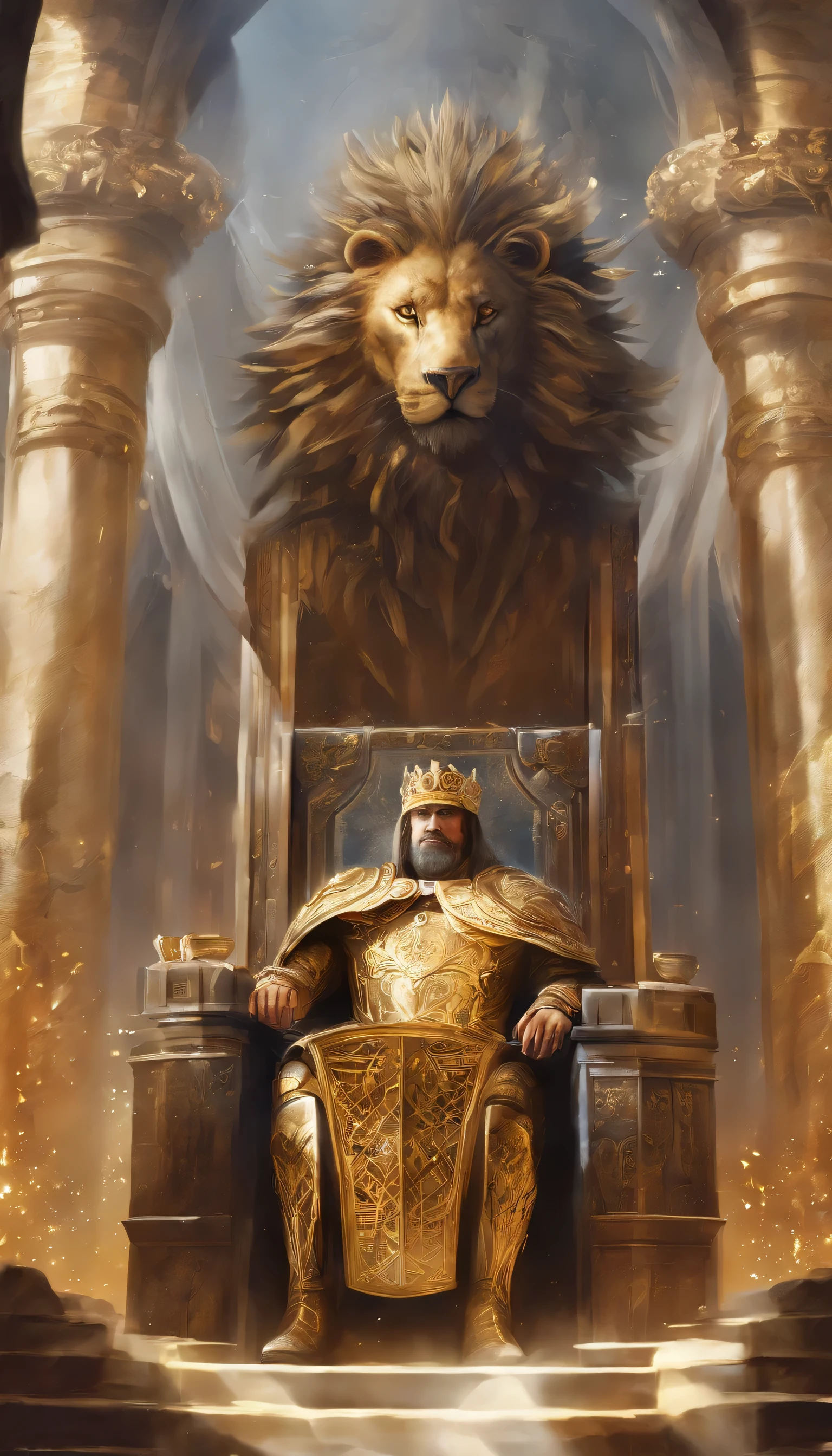 (8K) (Melhor qualidade) King Richard the Lionheart sitting on his golden throne. humano; 40 anos; He wears golden armor with a lion symbol on his chest... His sword is on the right side and his shield is on the left side. The environment is clear and bright (light sparks). Full HD; 