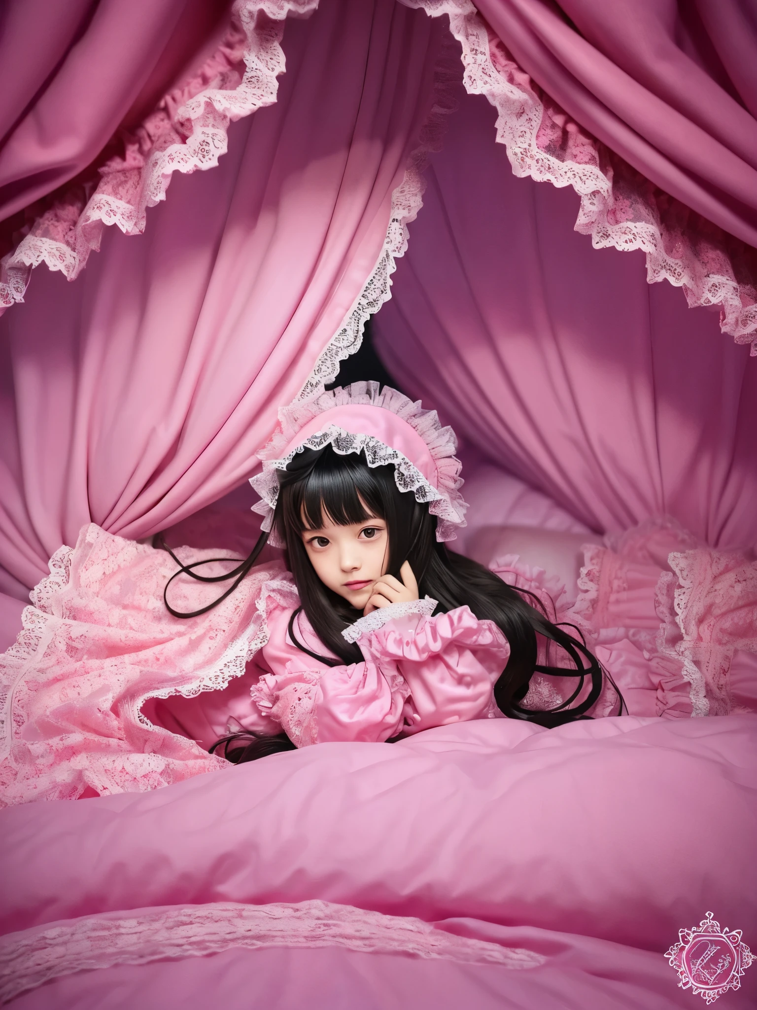 ,highest quality, masterpiece, highest resolution, artwork, super それにget used to it, many get used to it, get used to it, それにget used to it, 3K realistic photos,(( 10 year old girl)),Super detailed baby face,high quality small face,long black hair,Japanese,landmine girl,pajamas,,curly hair,((((ピンクのロリータファッションのlong skirtのワンピースドレス)))),((フリルとリボンがたっぷりついたピンクの可愛らしいpajamas)),((Luxurious pink headdress with frills and ribbons)),((((black ruffles and lace)))),detailed headdress,,(((big yoke collar))),Yoke collar with ruffles and ribbons,((((long sleeve)))),ruffle sleeves,((((long skirt)))),pink and black pillow with large ruffles and ribbons,(((Nice pink outfit))),豪華なcanopy bedの上,canopy bed,The bed is surrounded by luxurious curtains,There are many pink and black frilly pillows on the bed.,Behind the girl are many pink and black frilly pillows...,super detailed background,detailed bed,((((pink duvet with black lace and ruffles)))),soft pink comforter,Highly detailed soft ruffle pillow,Beautiful girl illustration,detailed beautiful face,thin hair,detailed eye ,detailed eyes,detailed mouth, arm details,fine hands,Detailed pillow,wide bed,Illustration on the bed, ,((((round futon)))),((((A large pink futon that covers the entire bed)))),detailed comforter,detailed bedシーツ,Before bedtime,romantic atmosphere,palace bedroom,((((The lower body is hidden under a large futon....)))) The girl is leaning on a pile of pillows, ,((((round futon)))),((((Large pink ruffle comforter with black ruffles and lace covering the entire bed)))),look at me with contempt,Hold your hands,bring both hands close to the mouth,Many frilly pillows piled up behind the girl,A girl leaning on a pile of frilly pillows,