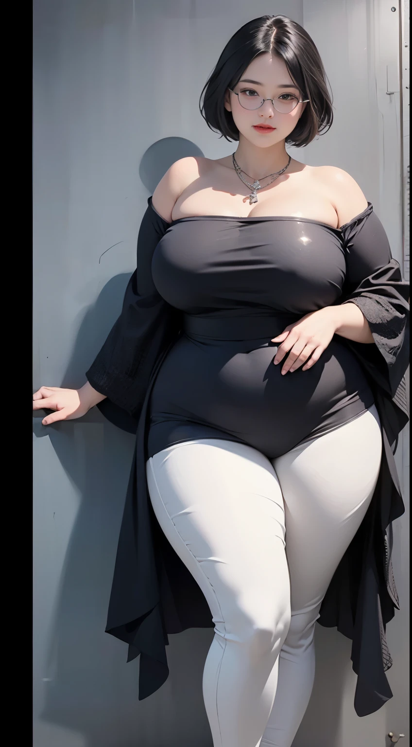 ((best quality)), ((masterpiece)), (detailed), perfect face, chubby woman, chubby face , chubby girl , widest hips , fat belly , thick neck ,, thicc , thick body , thick thighs , thick arm, small breasts but her body is a chubby, full body view, dark-black room, black bokeh background, thight dress, wearing sneakers, short hairstyle, diamond necklace, wearing a watch, tall woman, restore face, white skin , longest thight pants , glasses , cold vibes, , 4k resolution, japanese goddess,voluptuous 