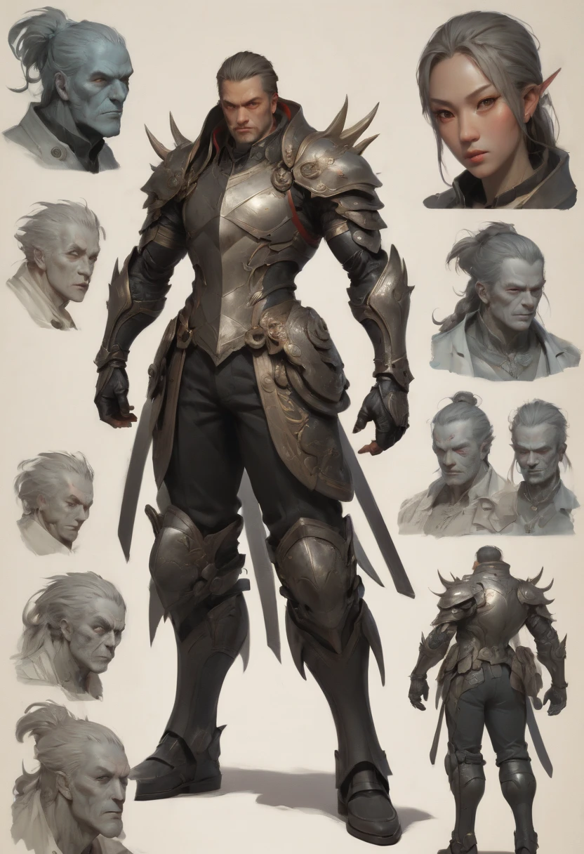 character design sheet by ashley_wood, best quality, masterpiece, Representative work, official art, Professional, Ultra intricate detailed, 8k
