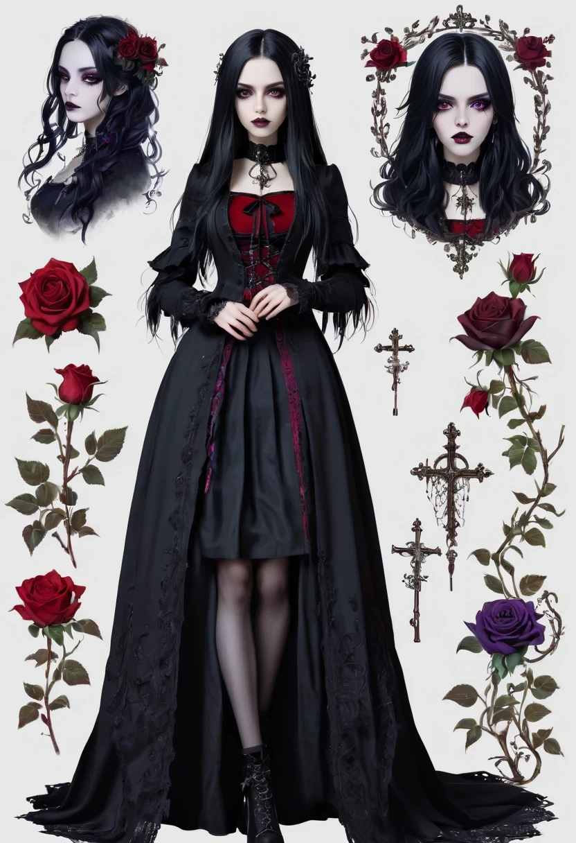(Gothic character design sheet:1.5),Character name:Avril Lavigne.dark night,18 years old,long black hair,purple eyes,Red or dark purple lace、Embroidery and other decorations。She was wearing a long black coat and a tight skirt,Show elegant and mysterious temperament。Wearing a silver cross、chain etc..,old magic book,Romantic roses,(ordered rows:1.2,interval:1.2,no overlap:1.2),((clear lines,clean background,White background, ultra high definition, masterpiece, precise, anatomically correct, textured skin, super detailed, high detail, best quality, 8k))