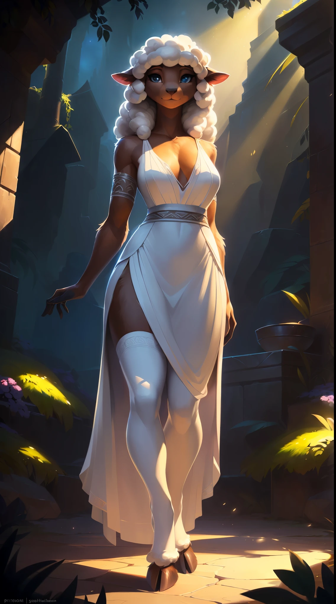 uploaded on e621, by Pixelsketcher, by Bayard Wu, by Thomas Benjamin Kennington, by Einshelm, solo anthro, ((Portrait)), ((Wear a white calico dress with Slavic pattern)), (long dress), (detailed Bonifasko lighting), Nature Purity, (Detailed fur), (detailed skin), dancing, (hands on the waist), (Cinematic lighting), ((Detailed background, outdoor, nature)), (half body shadow), [Backlighting], [crepuscular ray], [Detailed ambient light], [gray natural lighting], [ambient light on the belly], (higher wildlife feral detail), [explict content], [sharp-focus], (Questionable content), (shaded), ((Masterpiece), Long curly hair, white hair, wool hair, Average Breasts, pectoral muscles, Fluffy fallow lamb, furry fantasy art, anthro art, commission for high res, Furry art, pov furry art, Sakimichan is beautiful, Masterpiece, small breasts, Best Quality, Detailed image, Bright colors, Detailed Face, perfect  lighting, Perfect shadows, Perfect eyes, focus on girl, flawless face, gorgeous body, dark skin, Hourglass body, shiny body, feet focus, Girl Lan, Fluffy, fluffy woman, Body fur, Animal nose, toned fur, gaze at the viewer, half closed eyes, 1girl, full body, (Masterpiece:1.2), (Best Quality:1.2), (illustartion:1.2), (Cinematic lighting:1.3), Detailed fur, Balanced coloring, Global Illumination, Ray Tracing, good lighting, Fallow lamb, (wool:1.2), short lamb tail, Furry, anthro, big butt, showing hips, attractive body, sexy body, looking a viewer, seductive gaze, thick-thighs, fit body, Best Stockings, (hooves), Suggested Pose, Seductive Leg Pose,