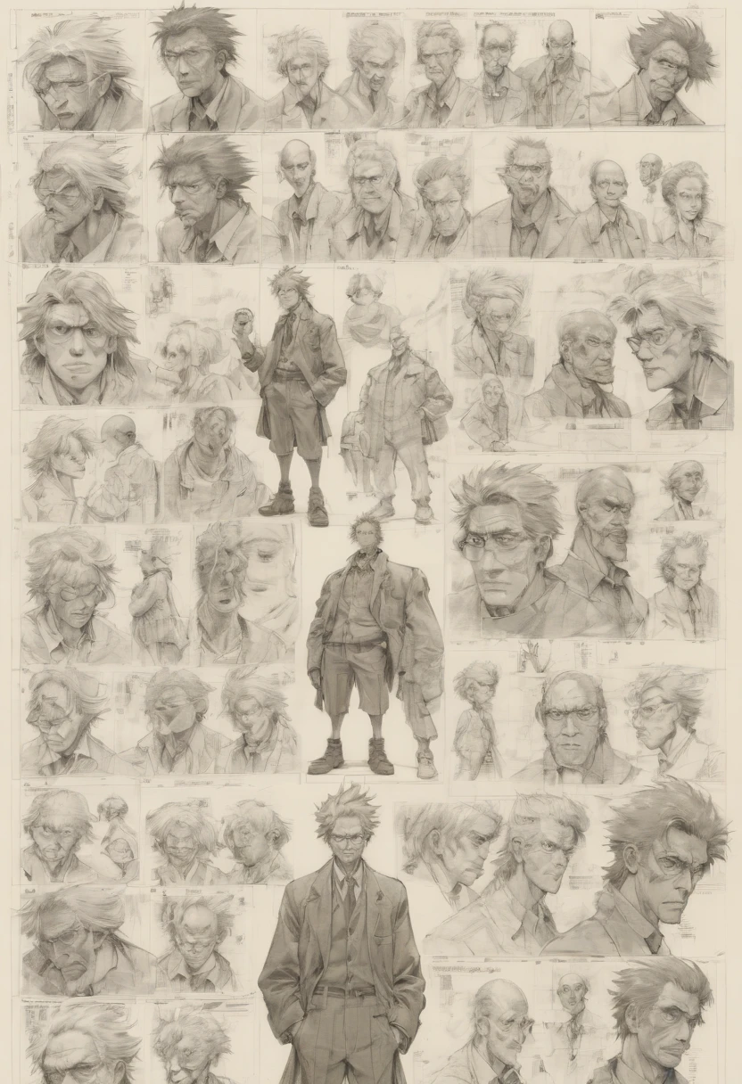 character design sheet by Naoki Urasawa, best quality, masterpiece, Representative work, official art, Professional, Ultra intricate detailed, 8k