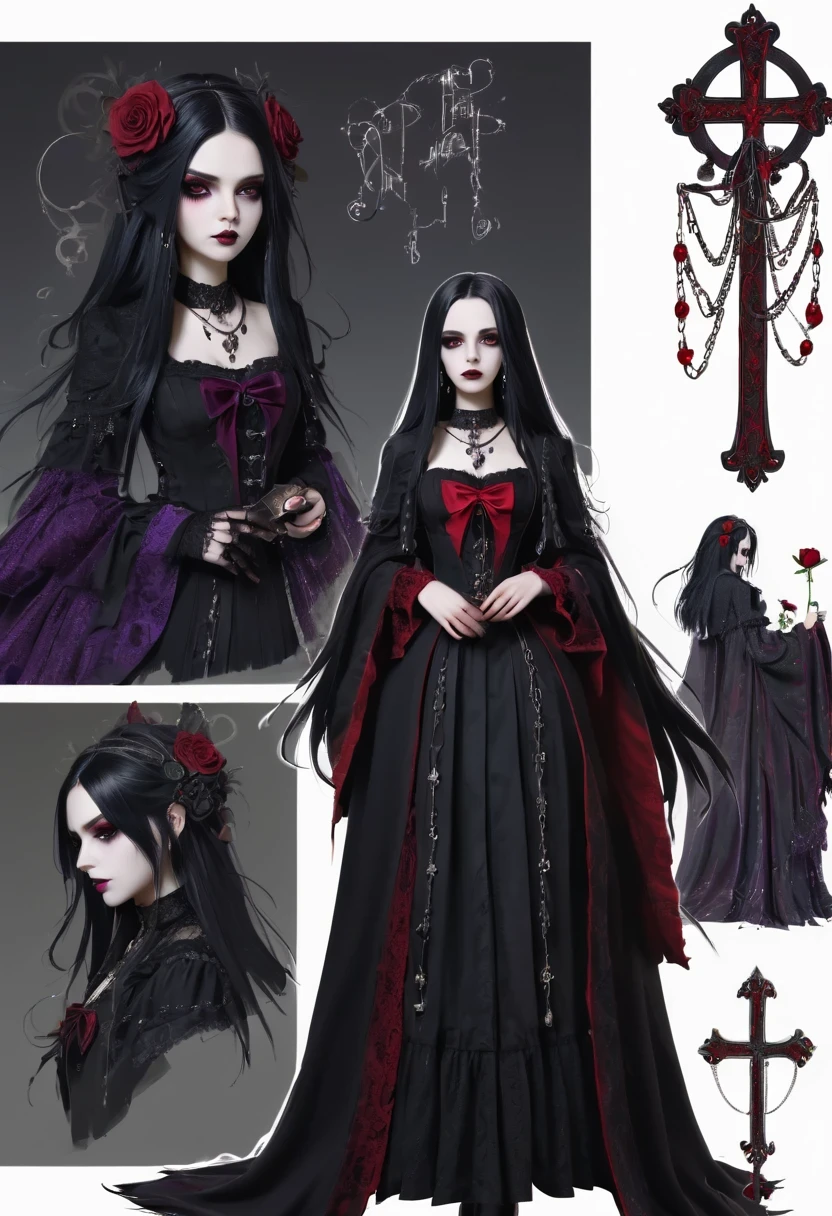 (Gothic character design sheet:1.5),Character name:Avril Lavigne.dark night,18 years old,long black hair,purple eyes,Red or dark purple lace、Embroidery and other decorations。She was wearing a long black coat and a tight skirt,Show elegant and mysterious temperament。Wearing a silver cross、chain etc..,old magic book,Romantic roses,(ordered rows:1.2,interval:1.2,no overlap:1.2),((clear lines,clean background,White background, ultra high definition, masterpiece, precise, anatomically correct, textured skin, super detailed, high detail, best quality, 8k))