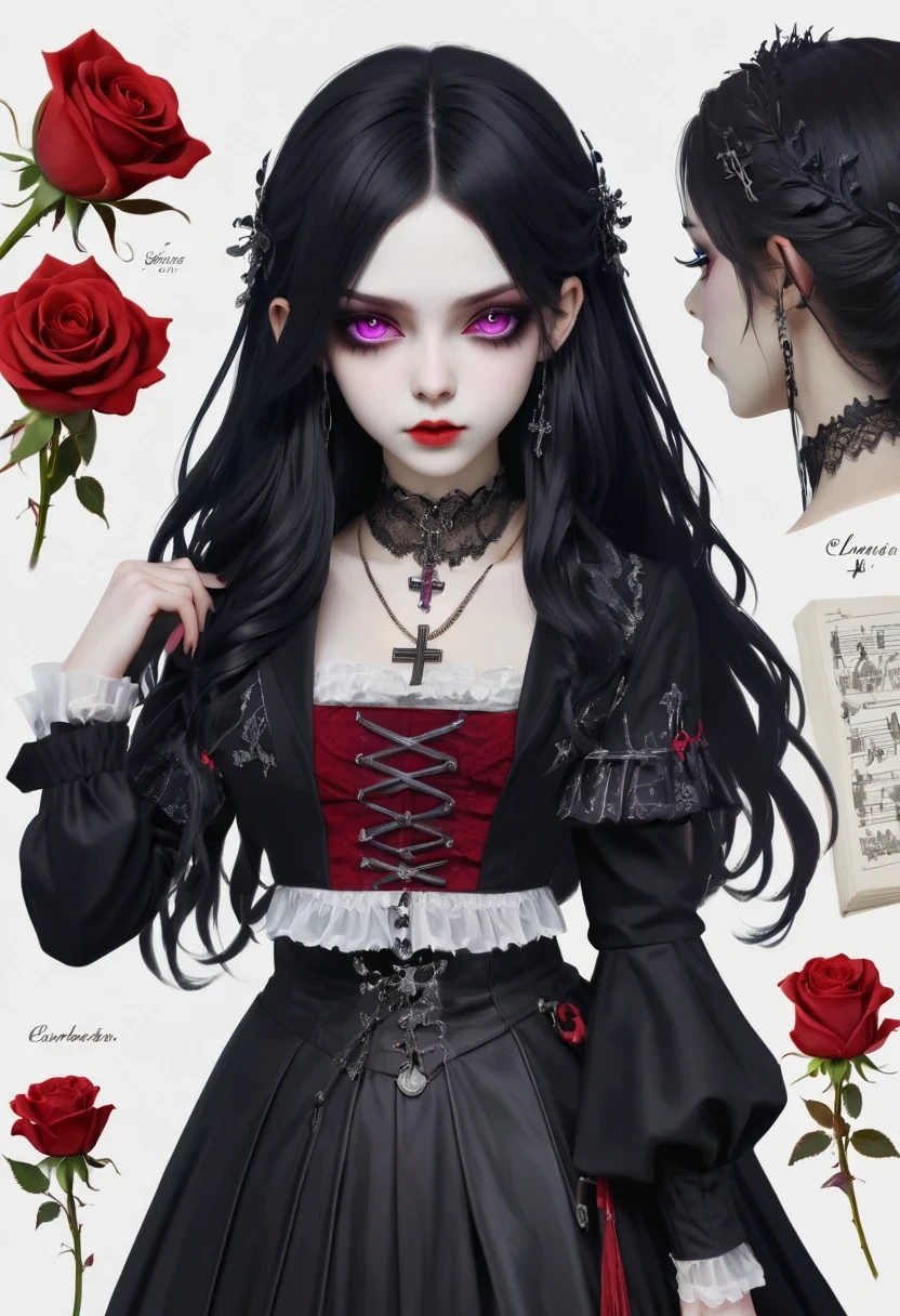 (Gothic character design sheet:1.5)，Character name:Avril Lavigne.dark night，18 years old，long black hair，purple eyes，Red or dark purple lace、Embroidery and other decorations。She was wearing a long black coat and a tight skirt，Show elegant and mysterious temperament。Wearing a silver cross、chain etc..，old magic book，Romantic roses，（ordered rows:1.2，interval:1.2，no overlap:1.2），((clear lines，clean background，White background, ultra high definition, masterpiece, precise, anatomically correct, textured skin, super detailed, high detail, best quality, 8k))