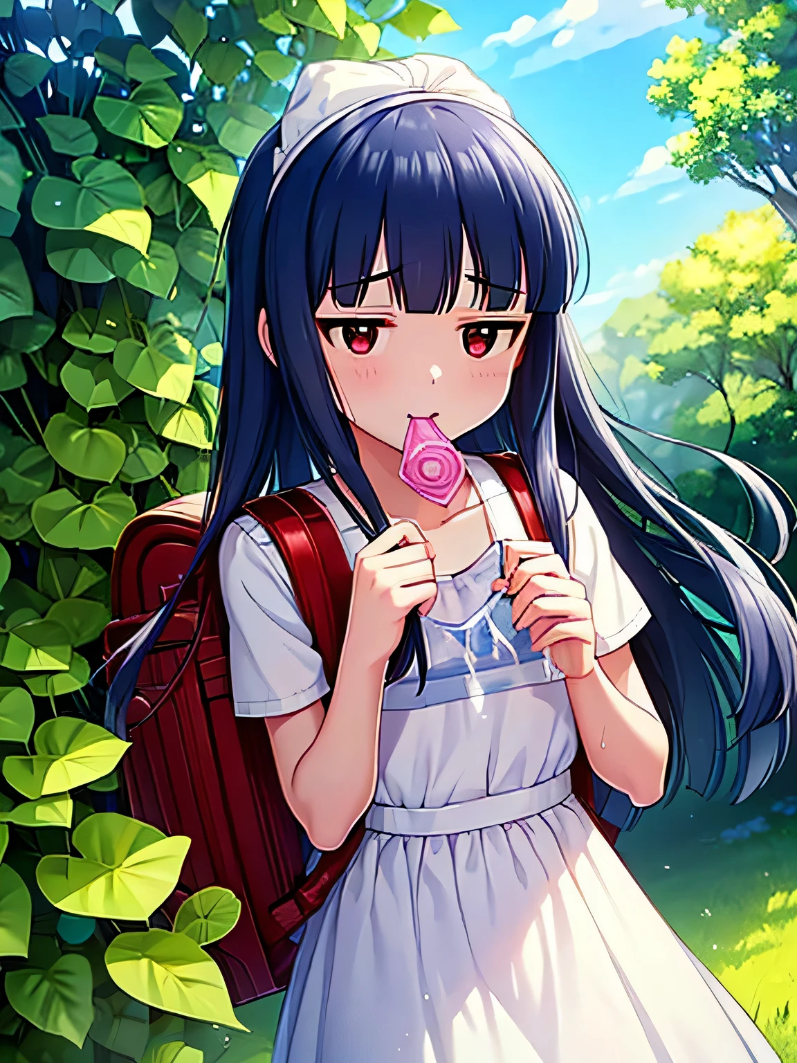 , yukimi, 10., long hair, dull bangs, flat chest, No expression, shy, whole body, highest quality, wearing burmese navy, short sleeve (White gym uniform with colored hems:1.3), carry (randoseru backpack:1.4), naked足, at the park,(Put a semen-filled condom on your head:1.4),The white semen on my hair drips between my eyebrows..、White semen on the face、naked、protruding chest、A large amount of semen drips from the condom、how、Semen was poured on my body、White semen on the face、white semen drips from the mouth、There was white semen in my nose、I have a lot of it in my hair、、transparent clothes、I'I'm embarrassed and turn my face to the side