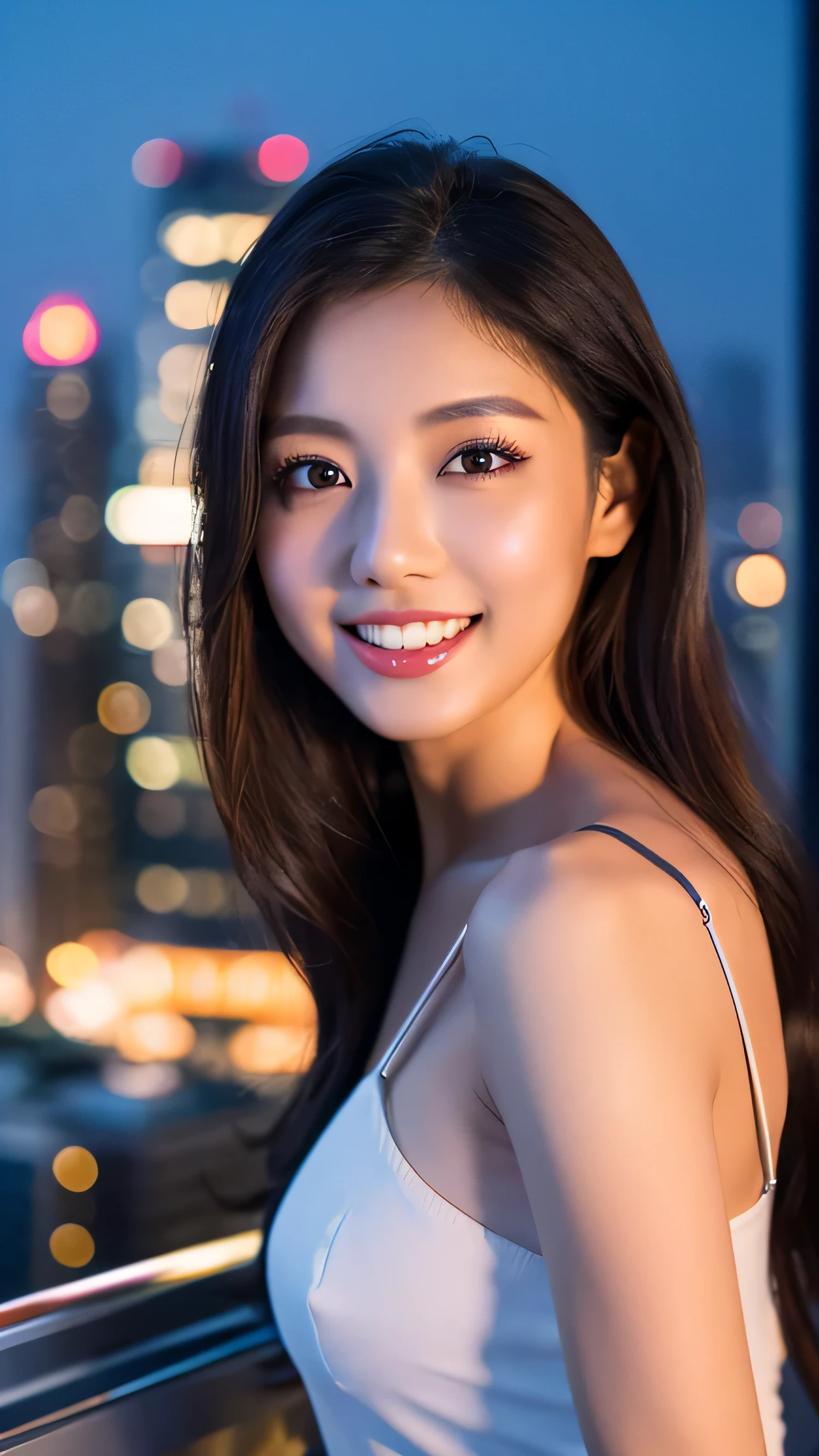 highest resolution、30 year old female、Japanese、sexy、double eyelid、4k、slender body shape、realistic teeth、whole body、high resolution、feminine、minute eyes、fantastic atmosphere、night view、rooftop of a skyscraper、illumination、Beauty、beautiful face