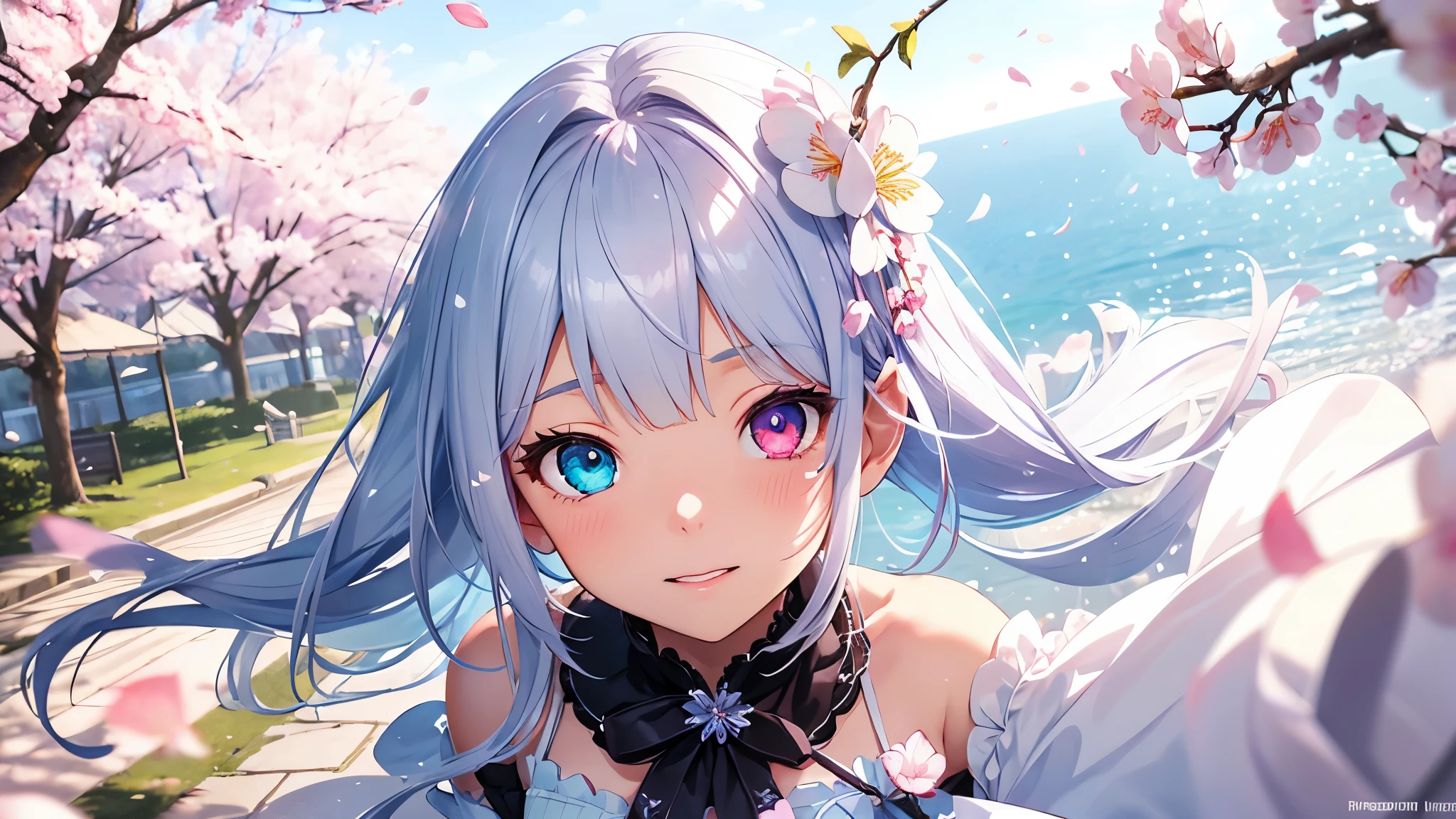 Best quality、photorealistic、super detail、delicate、orderly、high detail、bluish silver hair、(droopy iris of heterochromia,glowing eyes:1.4)、、10 years old、big smile、slender、blurred background、(1 girl:1.2)、(spring、cherry blossom petals dancing in the wind、Perspective from above、There's a girl on the other side of the cherry blossoms:1.3),ambient occlusion、ambient light、raytracing reflections、glow、shining hair、