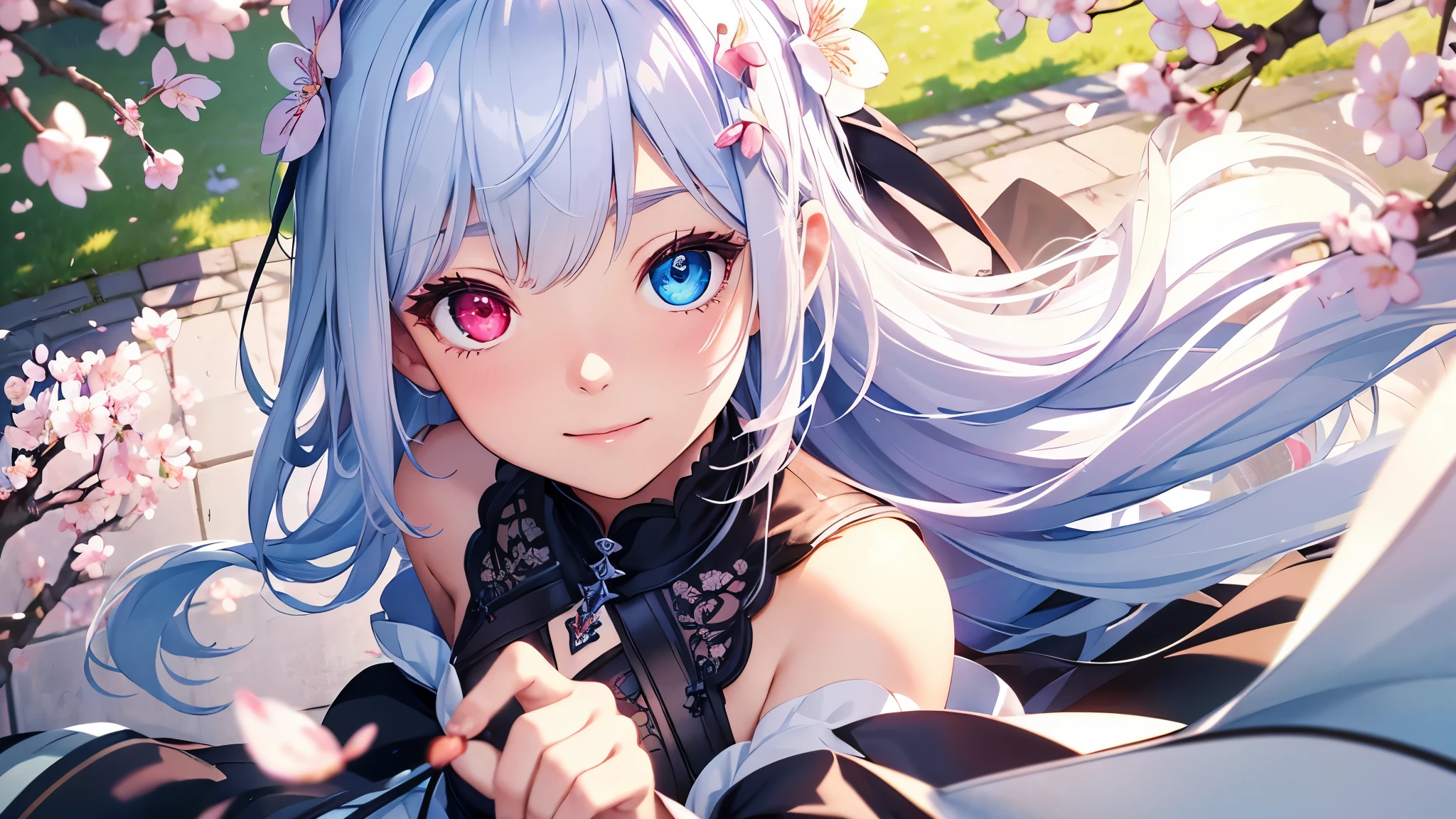 Best quality、photorealistic、super detail、delicate、orderly、high detail、bluish silver hair、(droopy iris of heterochromia,glowing eyes:1.4)、、10 years old、big smile、slender、blurred background、(1 girl:1.2)、(spring、cherry blossom petals dancing in the wind、Perspective from above、There's a girl on the other side of the cherry blossoms:1.3),ambient occlusion、ambient light、raytracing reflections、glow、shining hair、