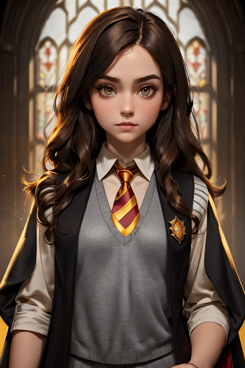 ((Masterpiece)) ((Perfect Face)) ((Beautiful)) ((Brunette)) ((Bushy Hair)) ((Pale Skin)) ((Inside Hogwarts)) ((Black Robes)) ((Grey Sweater vest)) ((red and gold striped tie)) ((Gryffindor)) ((Small Breasts)) ((Brown Eyes))
