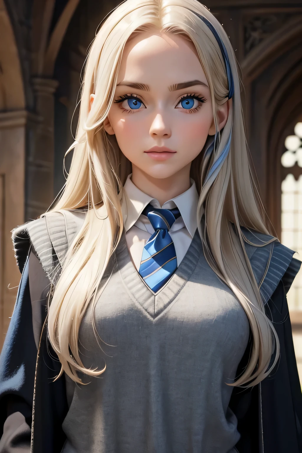 ((Masterpiece)) ((Perfect Face)) ((Beautiful)) ((Blonde)) ((Long Hair)) ((Pale Skin)) ((Inside Hogwarts)) ((Black Robes)) ((Grey Sweater vest)) ((blue and silver striped tie)) ((Ravenclaw)) ((Small Breasts)) ((Blue Eyes))