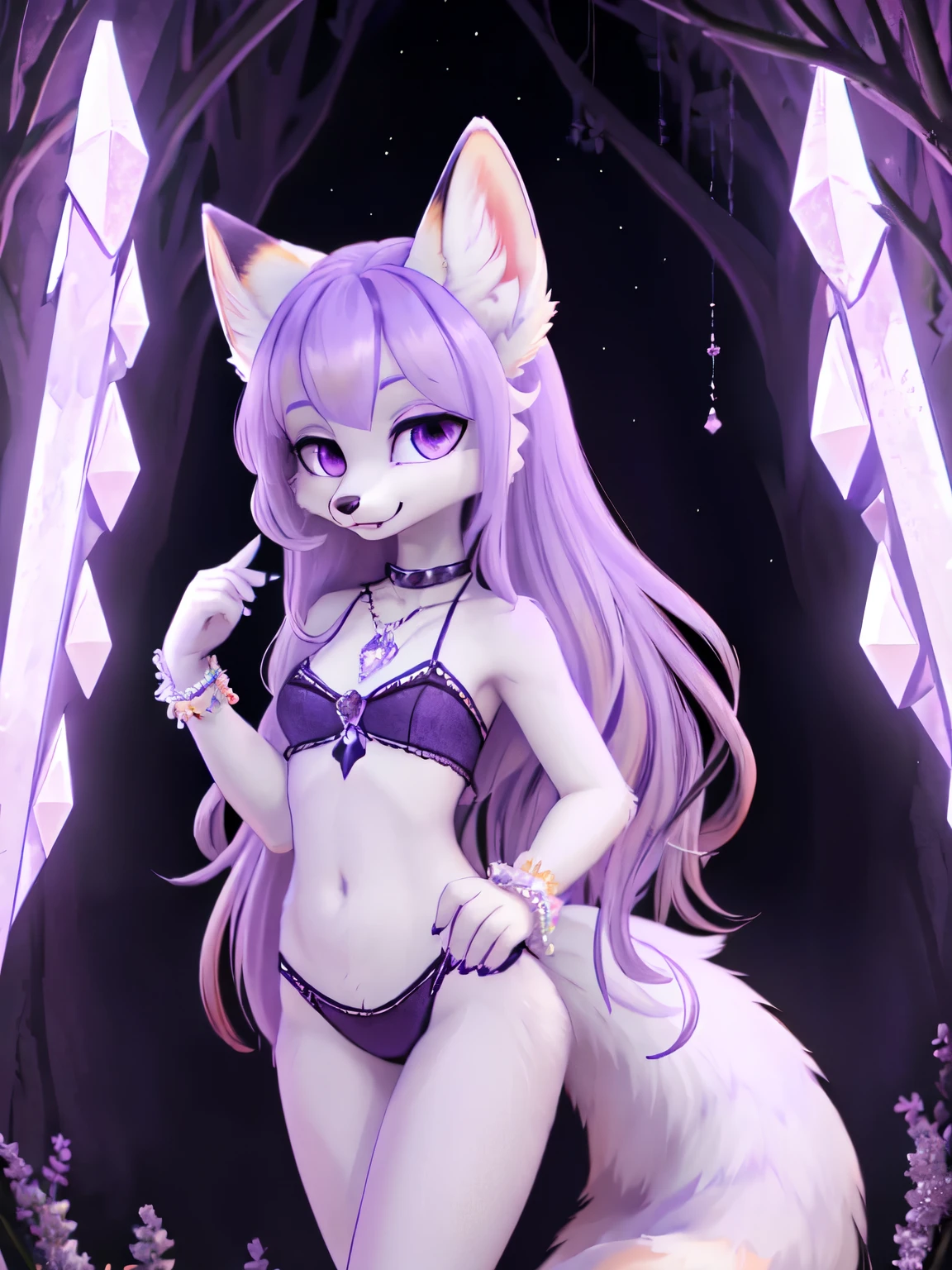  (a young slender white female fox furry), white fur, black fur on ears, huge fluffy lilac fox tail, furry, slender, lilac long hair, hollowing violet eyes, violet octaheadron shaped crystal on necklace, fangs, mleh
