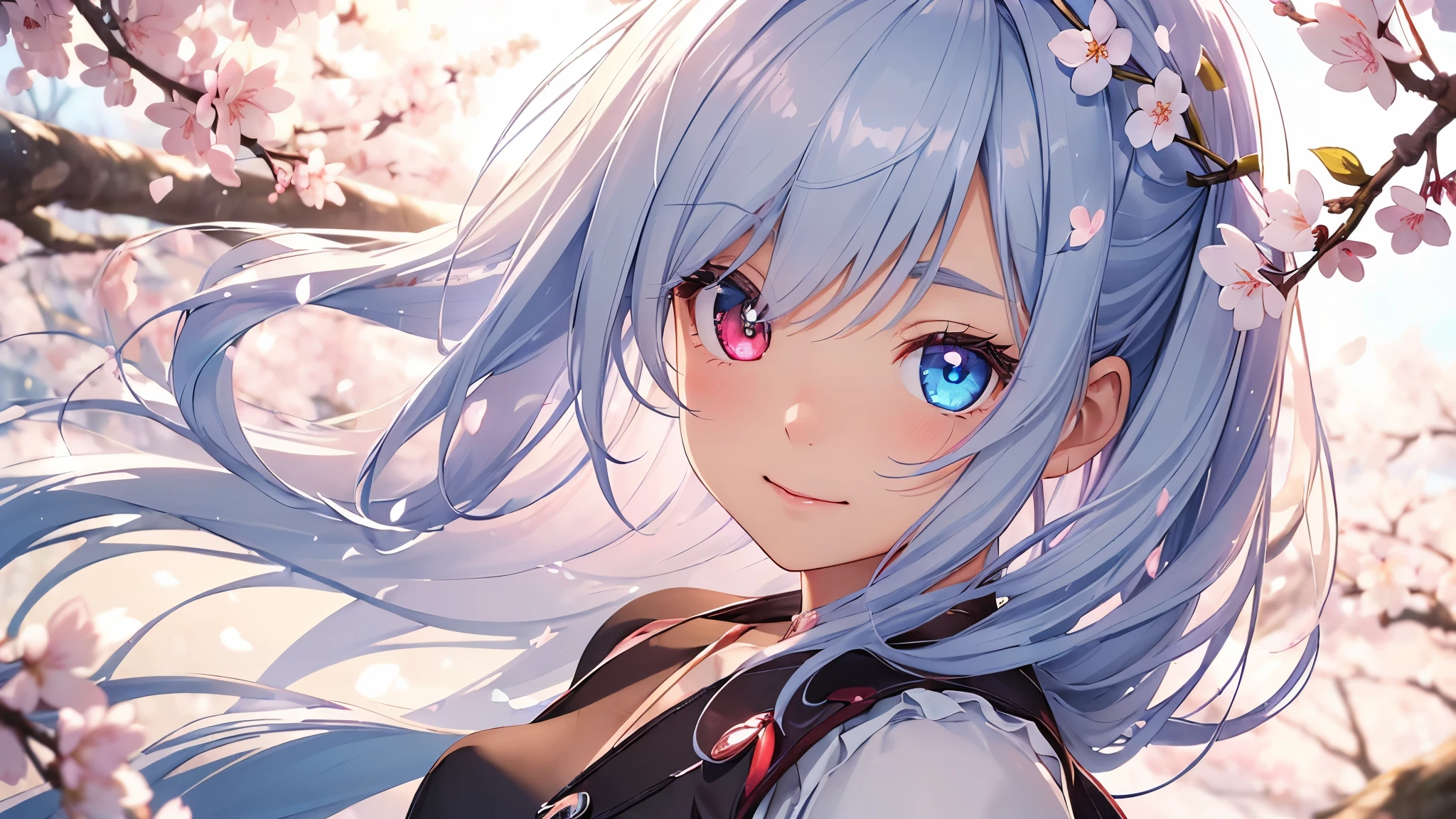 Best quality、photorealistic、super detail、delicate、orderly、high detail、bluish silver hair、(droopy iris of heterochromia,glowing eyes:1.4)、、、big smile、slender、blurred background、(1 girl:1.2)、(spring、cherry blossom petals dancing in the wind、View of the ground from directly above、There's a girl on the other side of the cherry blossoms:1.3),ambient occlusion、ambient light、raytracing reflections、glow、shining hair、