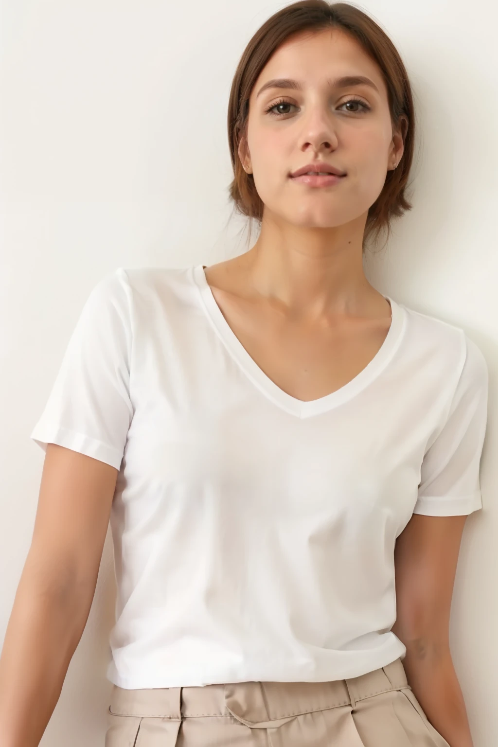 A woman in a white shirt and tan pants posing for a photo, vestido com uma camiseta branca, wearing white v - neck top, Vestida com uma camiseta branca, camiseta branca, roupas brancas, Topo branco, camisa apertada, usando blusa com decote em V, Roupas brancas, vestindo camisa branca, Vestindo uma camisa branca, vestindo uma camisa leve, manga curta