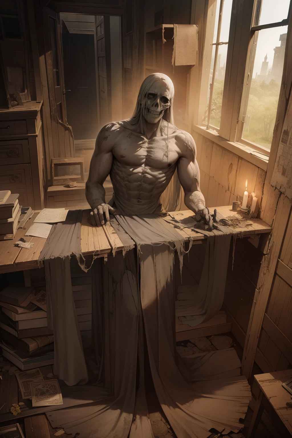 Ultra-detailed wide-area camera capture, God of Decay themed character in hand-drawn comic book cartoon, in the style of reinterpreted human form elongated figures, full body portrayal, handed-drawn animation, best quality masterpiece, intricately designed God of Decay character, comic book style, elongated limbs, deep shadows, decomposing human form, full figure presentation, hand-crafted artistry, masterful shading, decomposing textures, decaying fabric, aged skin, skeletal features, hand-drawn details, dramatic perspective, detailed decay effects, abandoned setting, eerie atmosphere, grand background, keyboard and parchment, decay