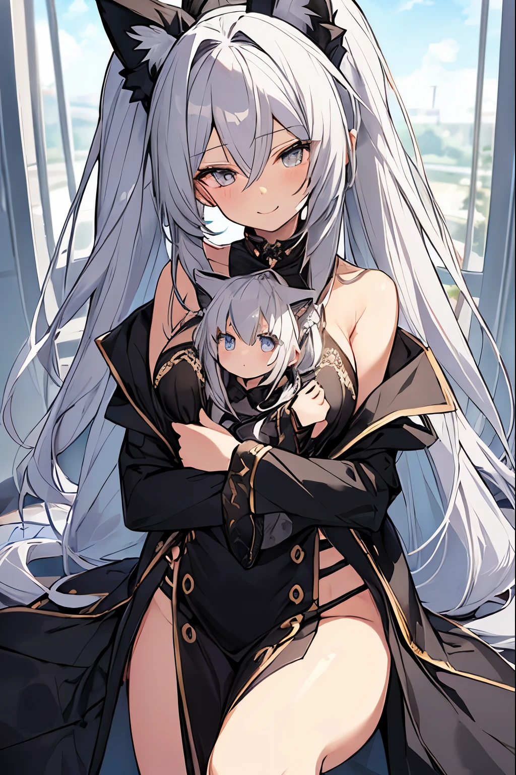 A slight smile,  8 k, Best quality，black tights，big ，White hair，Bunny girls clothes.holding a little boy