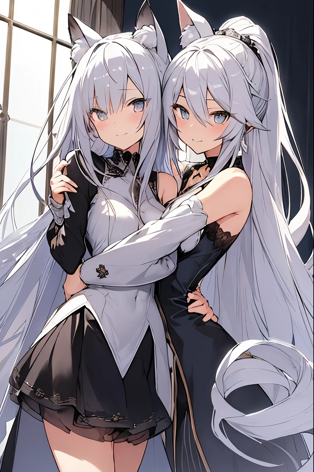 2girl, twins, one with white hair, dark skin, white eyes, and white dress, other with black hair, black eyes, white skin, black dress, abstract background,
