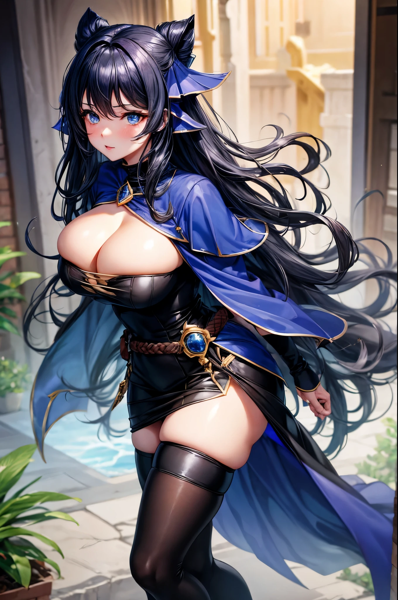 Full Body, Young Female, Black Wavy Hair, Sapphire eyes, mage magic user, voluptuous, beautiful, 5 foot, black turtleneck sweater, blue mage cloak and skirt, stockings, black heeled boots, sexy, sapphire earrings, blue hair bow, dress accents, depth of field, light particles, light rays, sidelighting, large thighs, large breasts, heels accentuated, blue magic, blush
