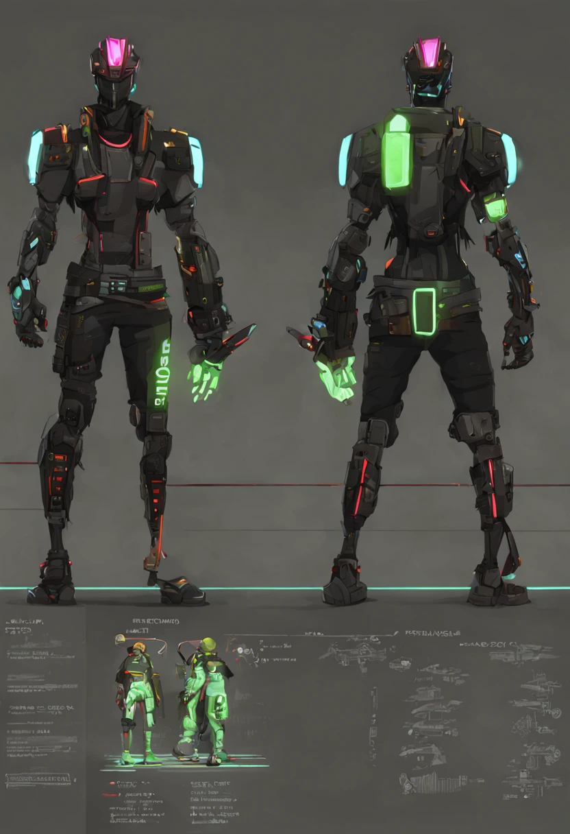 character reference sheet {cyberpunk street samurai character designs with neon accents and robotic arms} . turnaround views, detailed anatomy, color palette, multiple poses, highly detailed, multiple views of the same character, model sheet, character sheet