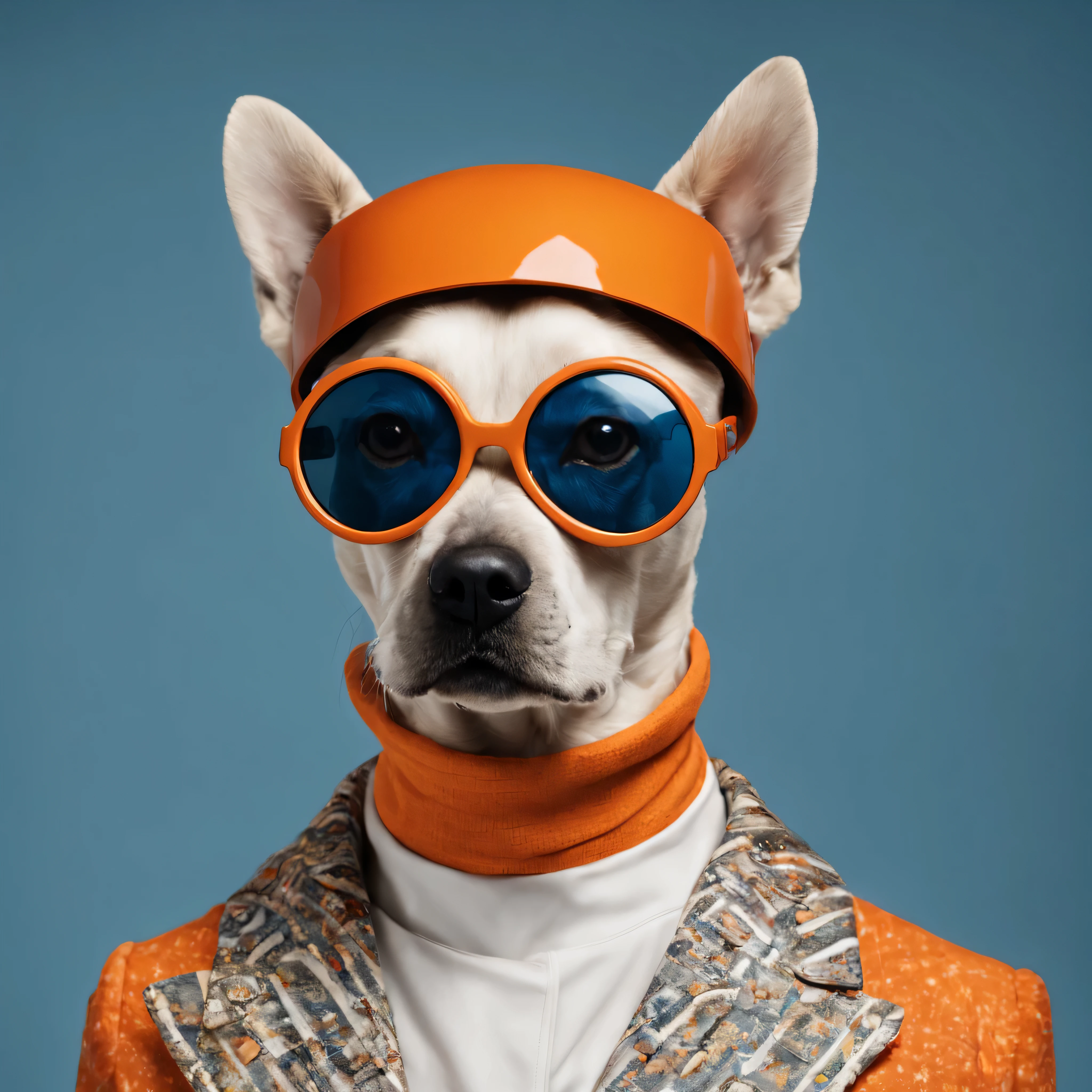 In front view, portrait of a Shar Peil breed dog channeling the quintessential mid-century space fashion of the 1960s, inspired by the works of Paco Rabanne, Pierre Cardin and André Courrèges. The background is a deep, neutral blue, creating a stark contrast that accentuates the subject. He is adorned in a futuristic high-necked garment that reflects the innovative and bold spirit of the era. His makeup is emblematic of ‘60s beauty trends, with sharp, winged eyeliner and voluminous lashes framing his eyes, while his lips are painted in a deep fluorescent orange shade, creating a vibrant statement. His head is adorned with a stylish geometric hat that complements his outfit and exudes his space-age appeal. In his opinion, he sports a pair of striking sunglasses with a unique and modernist shape, in line with the trend-setting designs of the time. Every aspect of her outfit, from the hat to the sunglasses, is carefully selected to resonate with the space-age vibe, creating a harmonious and striking portrait that pays homage to the innovative fashion of the 1960s —ar 9:16 —s 750 —v 6.0