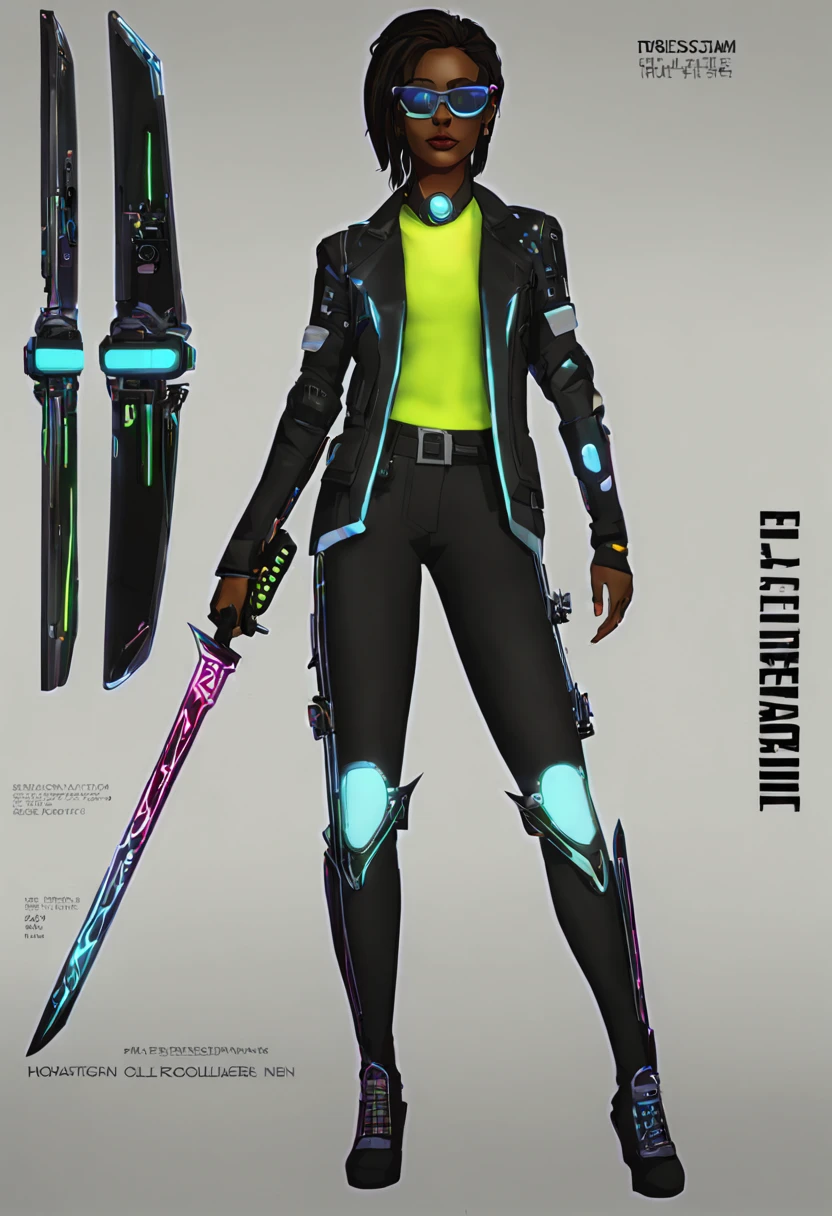 character reference sheet {A female street samurai with a futuristic katana sword, her silhouette standing tall against a backdrop of neon signs and holographic advertisements. Her left arm is completely robotic, with intricate neon designs casting a soft glow on her surroundings. She wears a high-collared jacket with neon piping, and her eyes are hidden behind sleek sunglasses that emit a subtle neon glow. The design sheet includes various poses, showcasing her agility and combat readiness, as well as close-ups of her robotic arm's features.} . turnaround views, detailed anatomy, color palette, multiple poses, highly detailed, multiple views of the same character, model sheet, character sheet