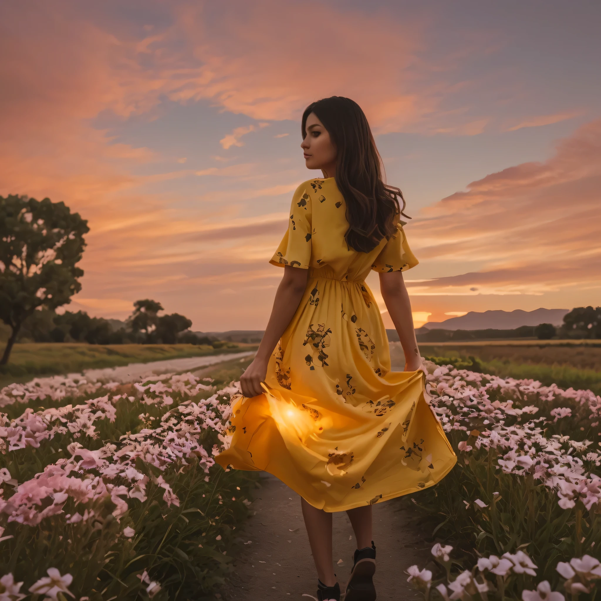 retrato de espalda de mujer latina  en un camino Floriano usando un lindo vestido primaveral amarillo, al atardecer, arboles, flores rosas, dreamlike, 1 person