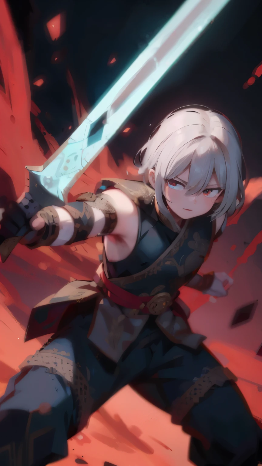 (Top Quality, 8k) A stunning masterpiece, showcasing the perfect fusion of beauty and brutality. A blood-stained sword, glistening with an ominous aura, held firmly by the skilled hands of Kang Zhe. The intensity in his eyes is palpable, exuding confidence and determination. His powerful stance exudes a sense of mastery, as if he is the embodiment of a legendary warrior. Every minute detail is captured with the utmost precision and clarity, from the intricate patterns on the hilt to the weathered texture of the blade. This ultra-detailed image transports you to a realm where battles are fought and legends are born. The composition is nothing short of perfection, with vibrant colors and bold contrasts that enhance the overall aesthetic. As