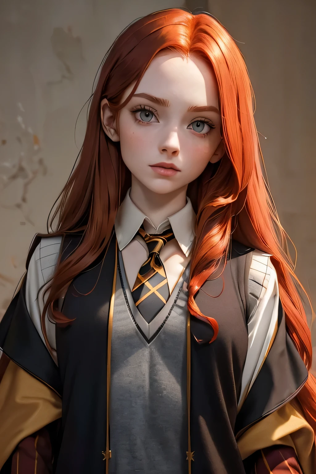 ((Masterpiece)) ((Perfect Face)) ((Beautiful)) ((Redhead)) ((Long Hair)) ((Pale Skin)) ((Inside Hogwarts)) ((Black Robes)) ((Grey Sweater vest)) ((red and gold striped tie)) ((Gryffindor)) ((Small Breasts)) ((Brown Eyes)) ((Round Face))