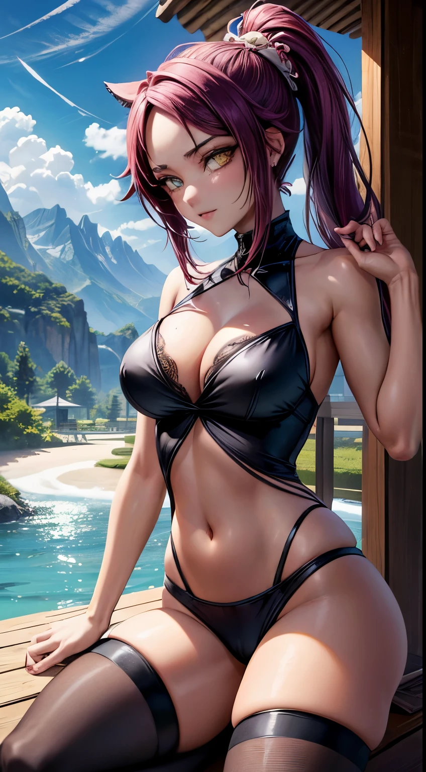 La mejor calidad, ojos expresivos, Cara perfecta, de cerca en la cara, shihouin yoruichi (Blanquear), piel oscura, Leotardo negro, ojos amarillos, cabello purpura, Cabello largo, Cola de caballo, amanecer, lago, mountains, vestido sexy ajustado, medias sexis, tetona, lingerie,