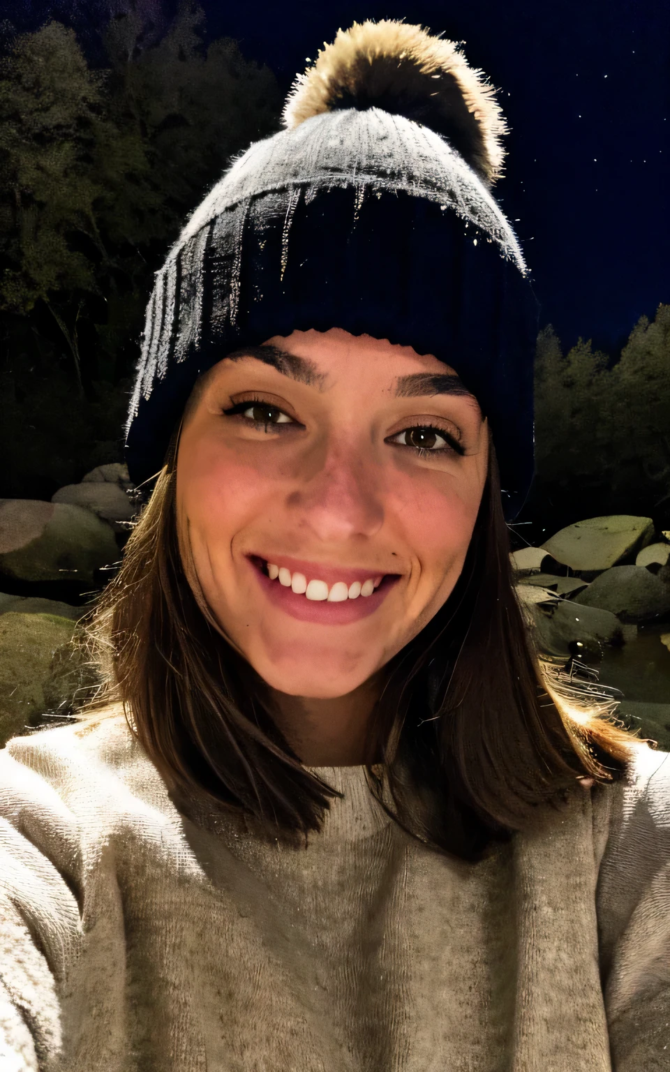 photograph, photo of beautiful woman, selfie, upper body, solo, wearing pullover, outdoors, (night), mountains, real life nature, stars, moon, cheerful, happy, gloves, sweater, beanie, forest, rocks, river, wood, smoke, fog, looking at viewer, skin texture, photo grain, close up, RAW photo